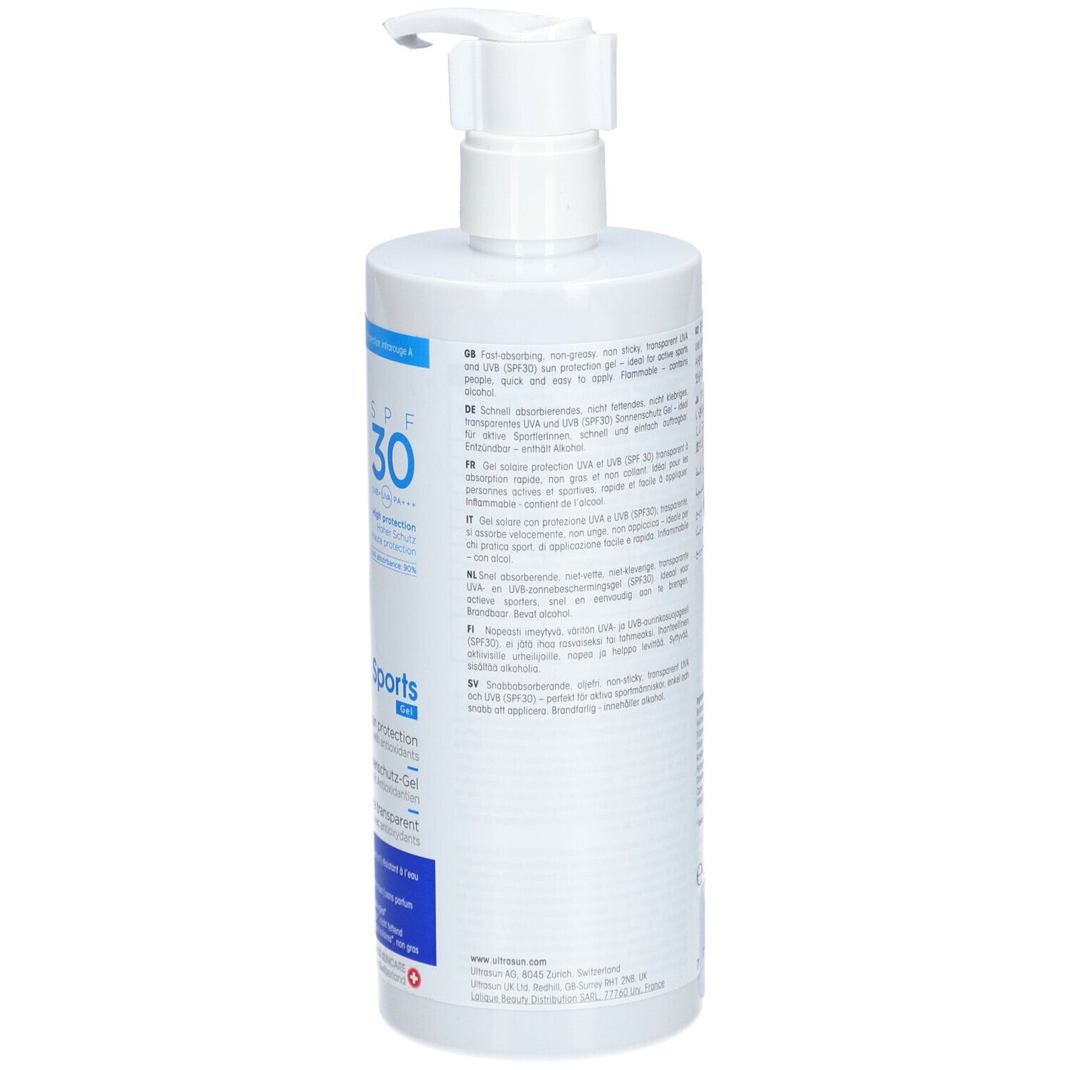 Rückseite des weißen Spenders. ULTRASUN Sports Gel SPF30. Text und Informationen.