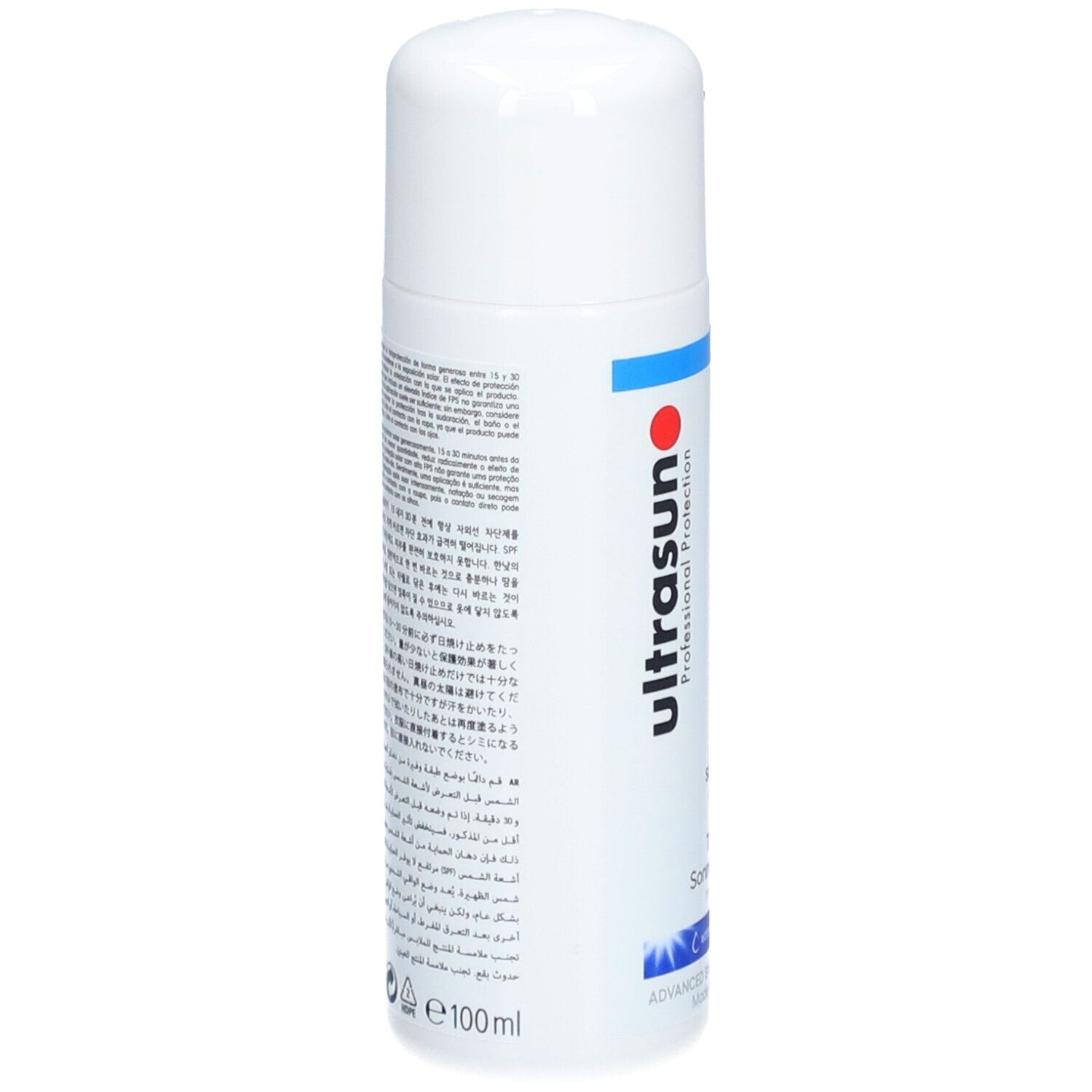 Weiße Flasche mit Text in verschiedenen Sprachen. Rückseite des Sonnenschutzgels. E 100ml.