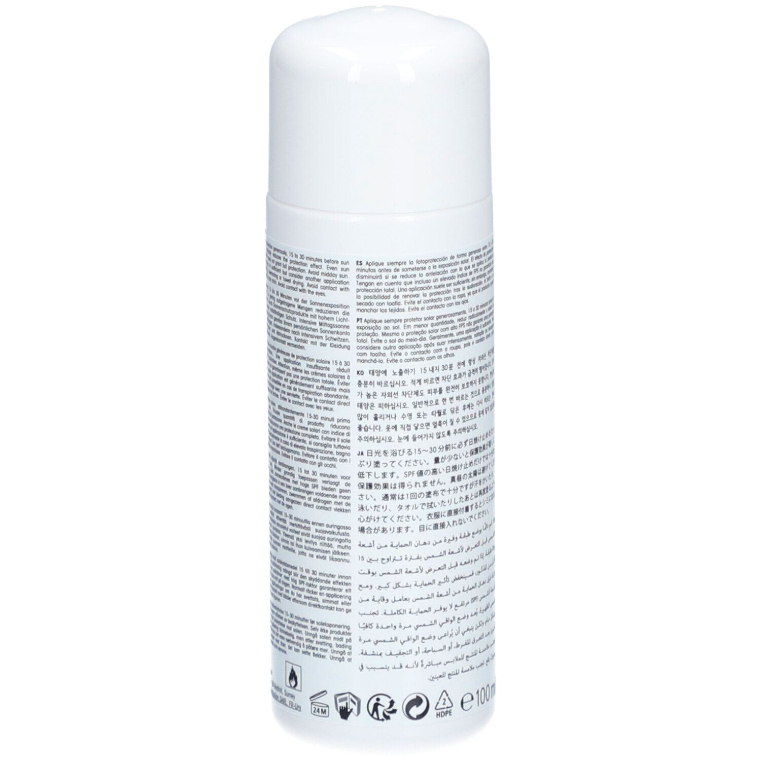 Weiße Flasche mit Text in verschiedenen Sprachen. Rückseite des Sonnenschutzgels. E 100ml.