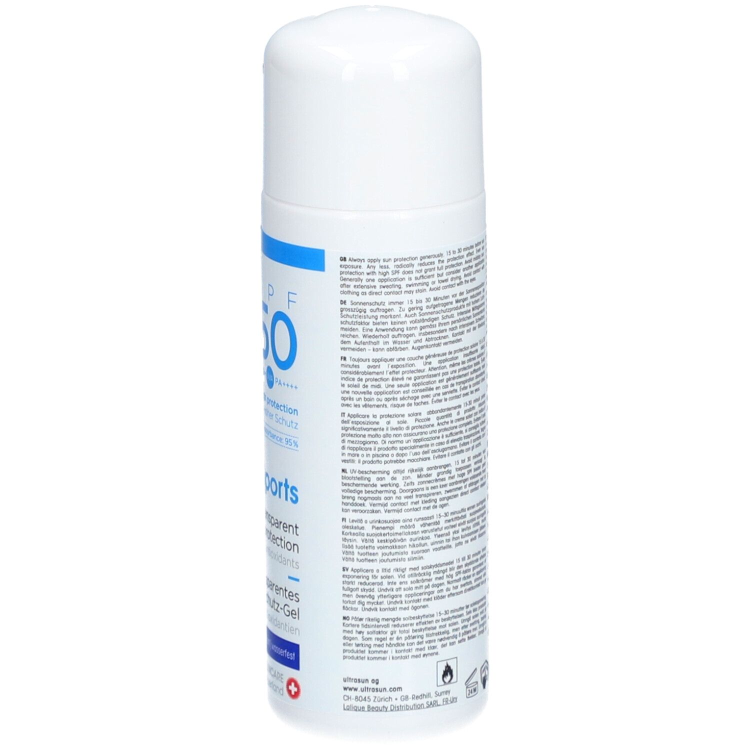 Weißes Sonnenschutzgel mit Text in verschiedenen Sprachen. Rückseite des Sonnenschutzgels. E 100ml.