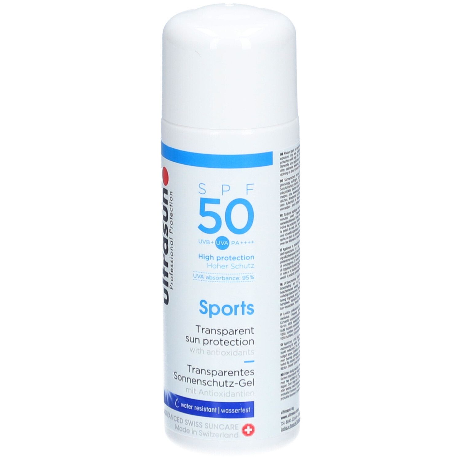Weißes Sonnenschutzgel mit blauem Streifen und rotem Logo. SPF 50, transparentes Sonnenschutzgel mit Antioxidantien.