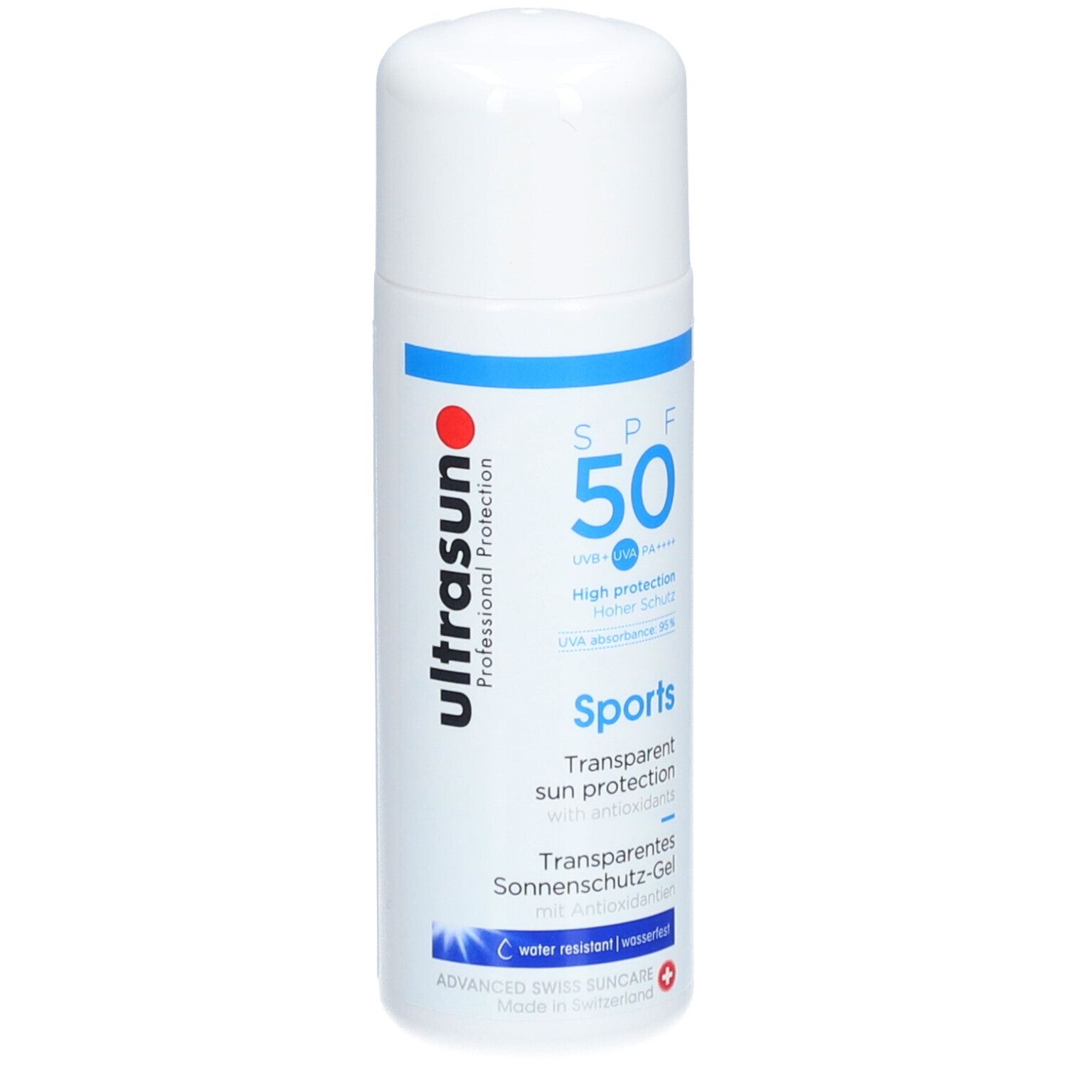 Weißes Sonnenschutzgel mit blauem Streifen und rotem Logo. SPF 50, transparentes Sonnenschutzgel.