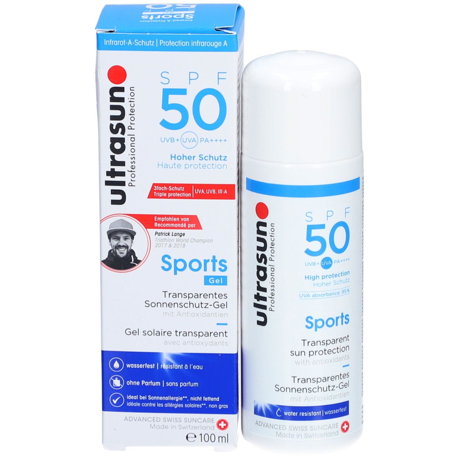 Sonnenschutzgel mit Verpackung. Weiße Flasche und Schachtel. SPF 50, transparentes Sonnenschutzgel. E 100ml.