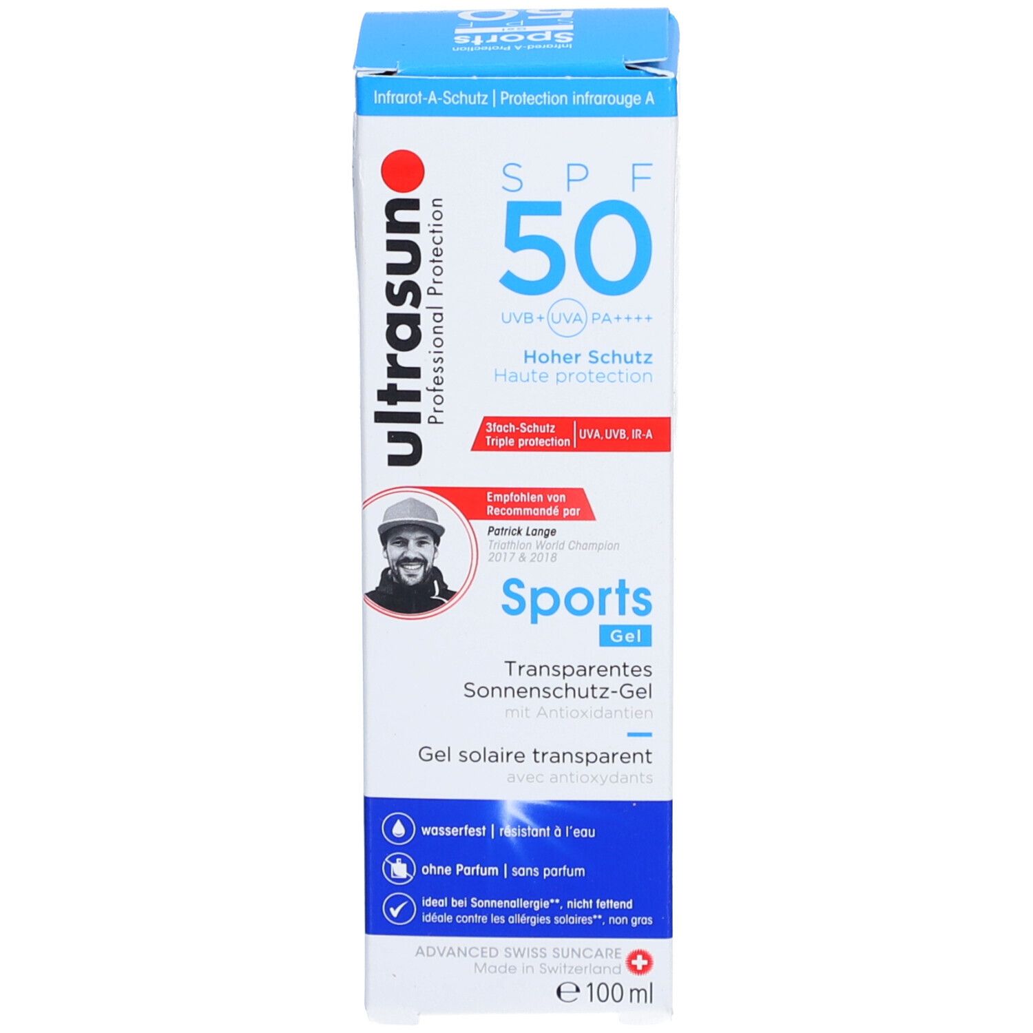 Sonnenschutzgel mit Verpackung. Weiße Flasche und Schachtel. SPF 50, transparentes Sonnenschutzgel. E 100ml.