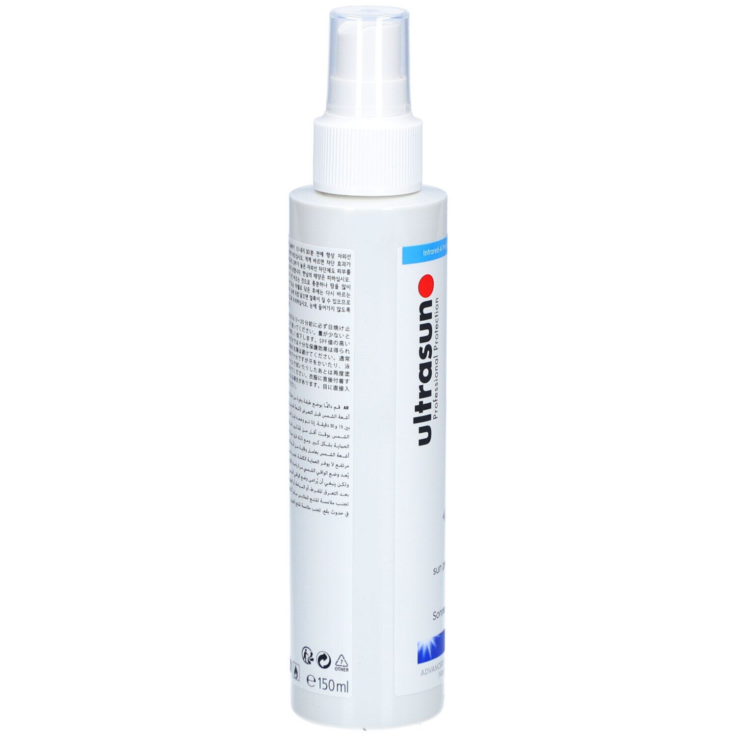 Weißes Sonnenschutz-Spray mit Sprühkopf. Rückseite mit Text in verschiedenen Sprachen. Ecken abgerundet.
