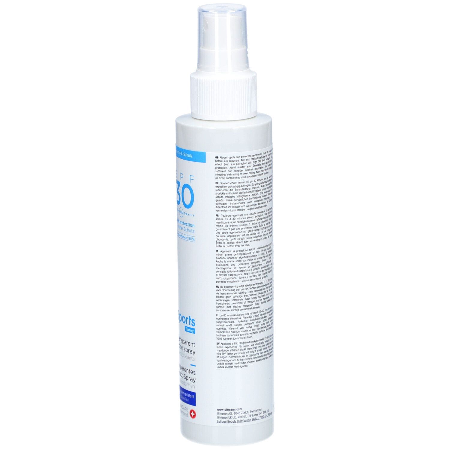 Weißes Sonnenschutz-Spray mit Sprühkopf. Rückseite mit Text in verschiedenen Sprachen. Ecken abgerundet.