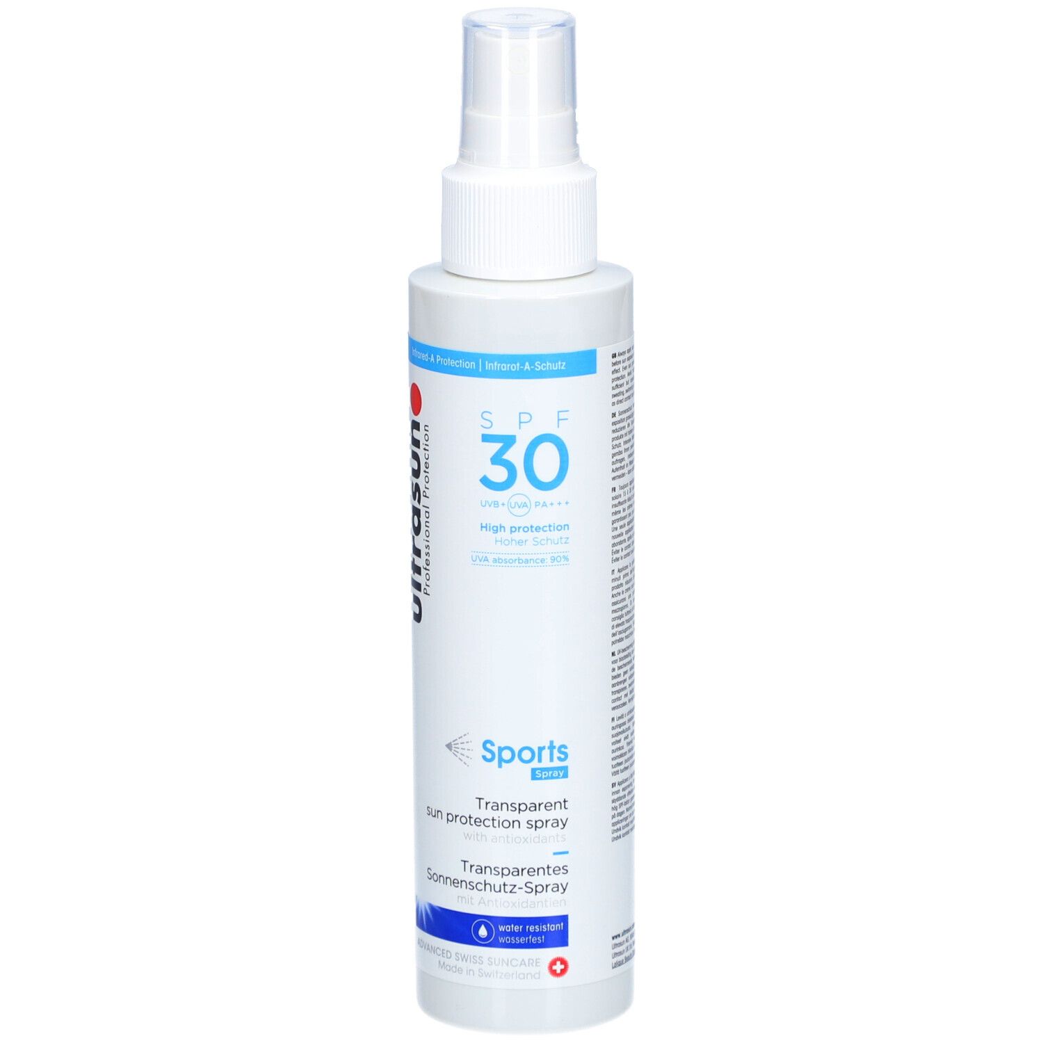 Weißes Sonnenschutz-Spray mit Sprühkopf. Aufschrift: SPF 30, Sports, Transparentes Sonnenschutz-Spray. Roter Punkt, blaue Akzente.