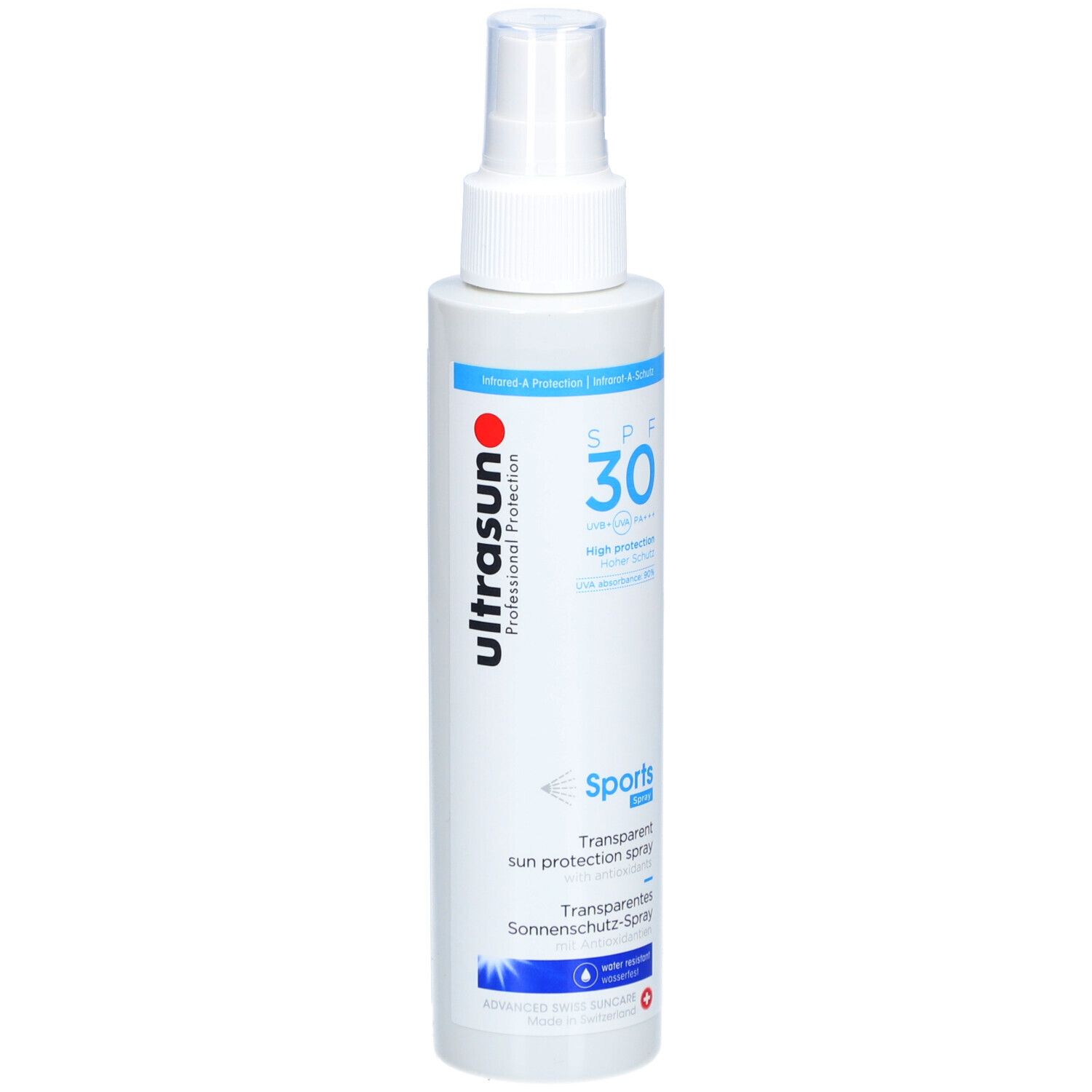 Weißes Sonnenschutz-Spray mit Sprühkopf. Aufschrift: SPF 30, Sports, Transparentes Sonnenschutz-Spray. Roter Punkt, blaue Akzente.