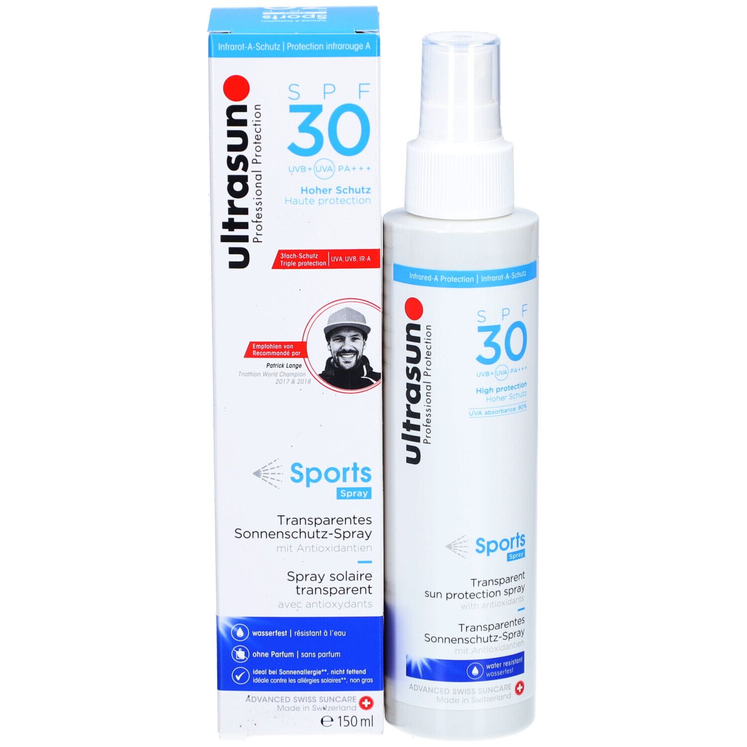 Sonnenschutz-Spray und Verpackung. Spray: weiß, SPF 30, Sports. Verpackung: weiß, blau, rot. Text und Bild einer Person.