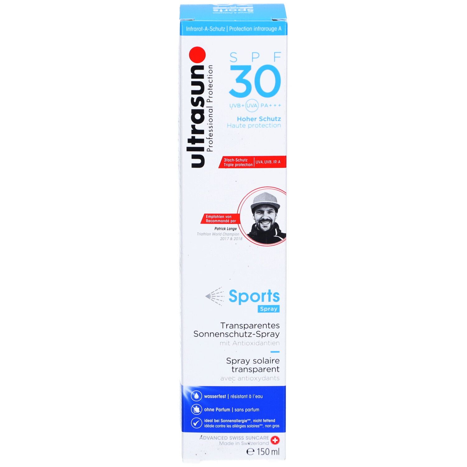 Verpackung für Sonnenschutz-Spray. Weiß, blau, rot. Text: SPF 30, Sports, Transparentes Sonnenschutz-Spray. Bild einer Person.