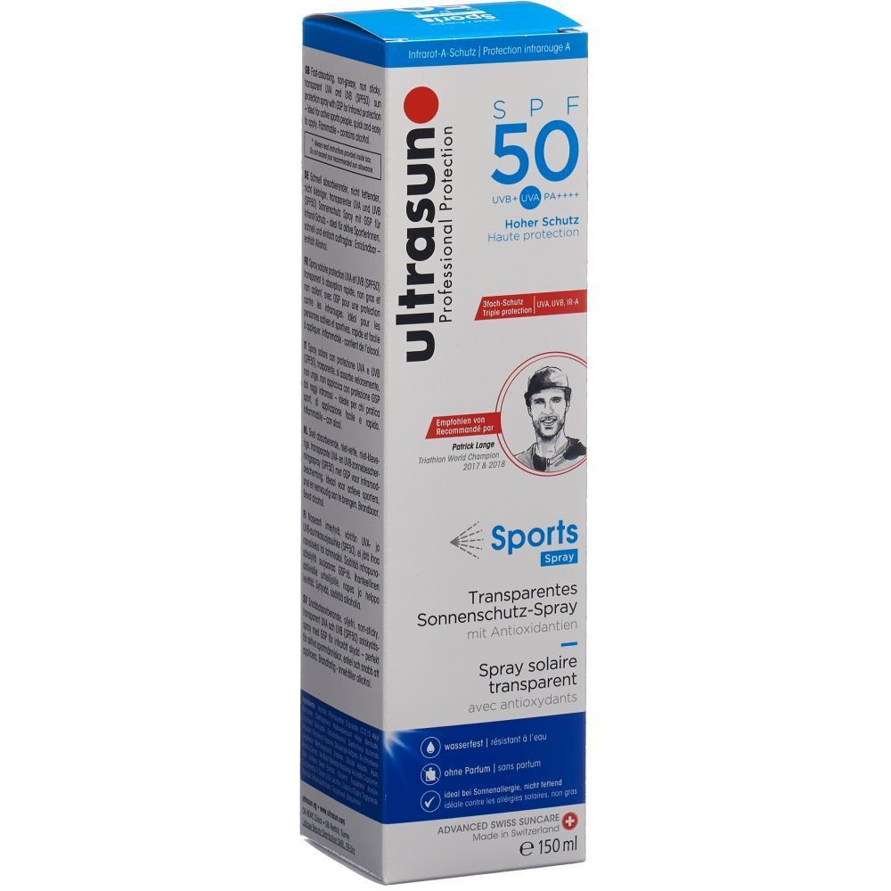 Ultrasun Sports Spray SPF 50. Flacon blanc dans emballage. Texte: Spray solaire transparent, avec antioxydants. Qualité suisse.