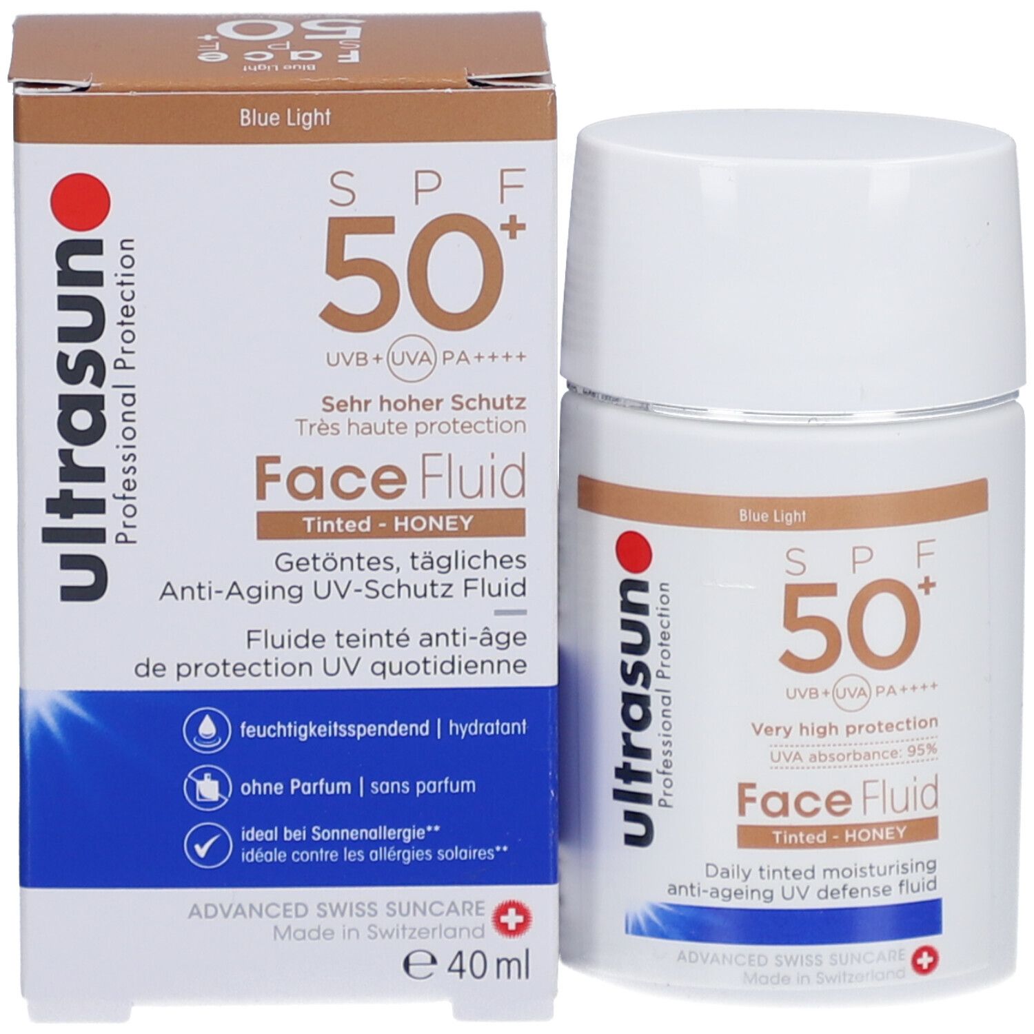 Produkt und Verpackung. Weiße Flasche und braune Schachtel. Aufschrift: ultrasun, SPF 50+, Face Fluid, getönt, Honey.