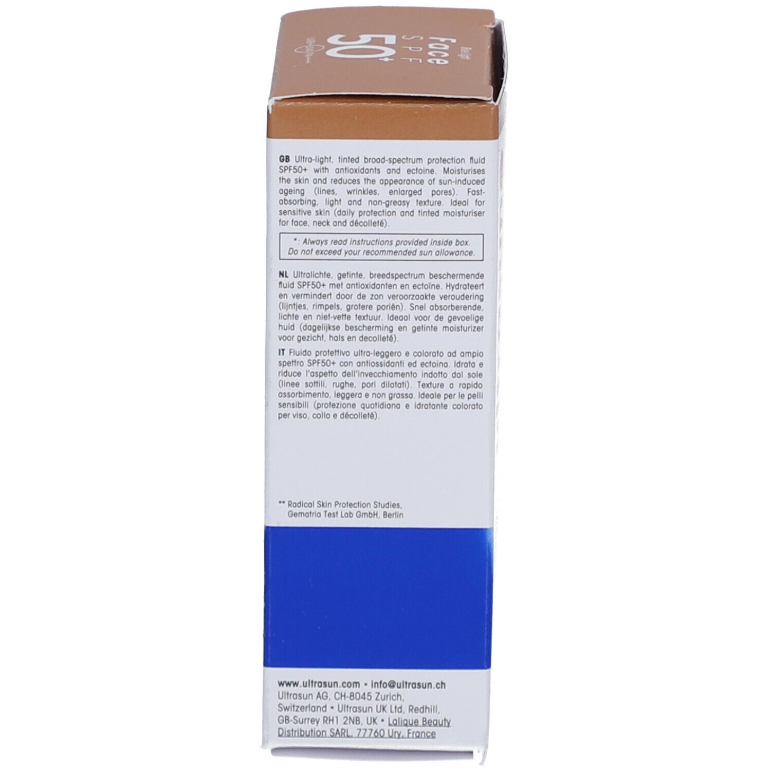 Seite der braunen Schachtel. Text in mehreren Sprachen. Volumen: 40 ml. Logo: FSC.