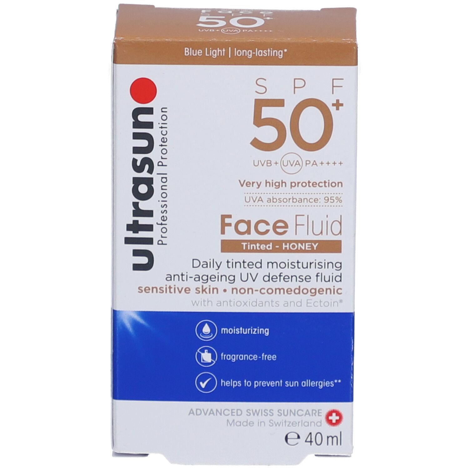 Braune Schachtel. Aufschrift: ultrasun, SPF 50+, Face Fluid, getönt, Honey. Eigenschaften: feuchtigkeitsspendend, parfümfrei.