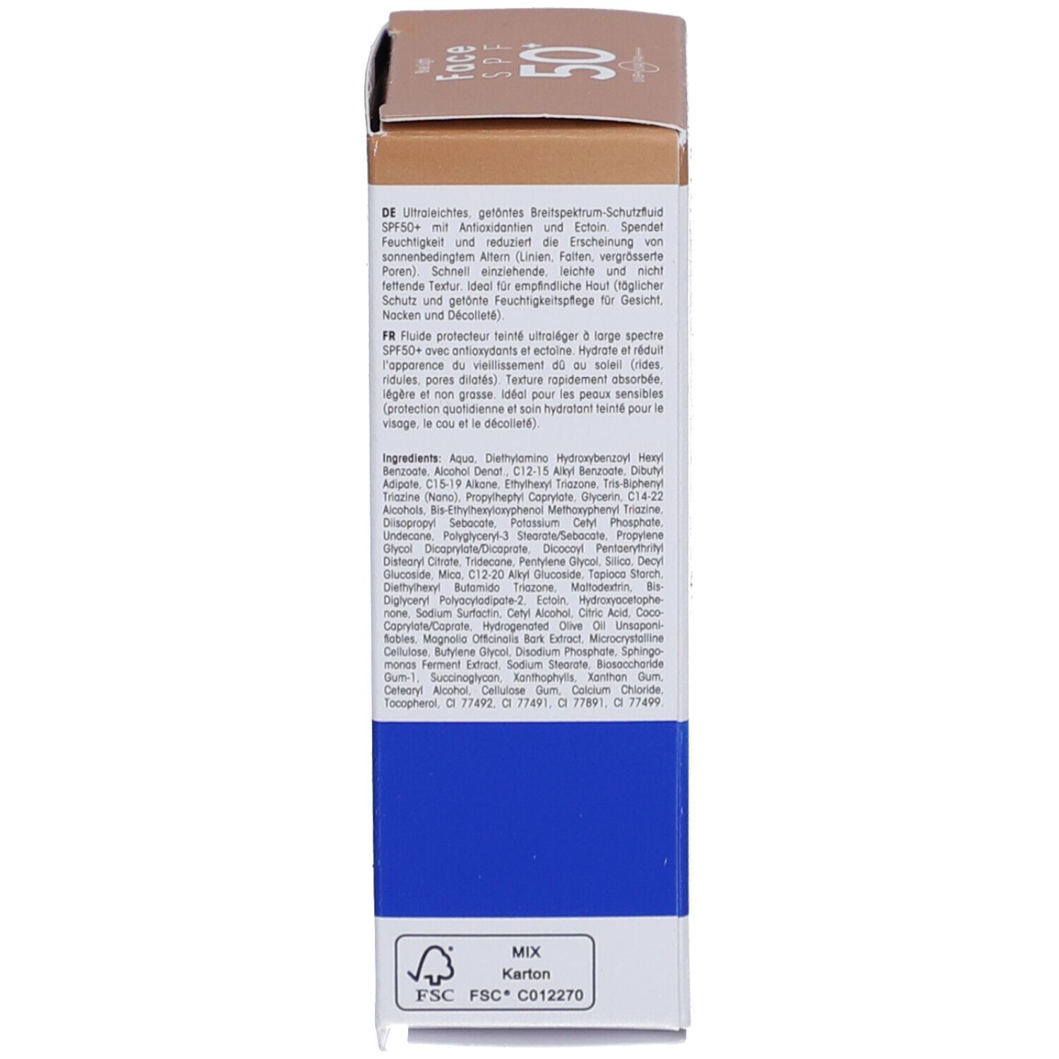 Seite der braunen Schachtel. Text in mehreren Sprachen. Inhaltsstoffe. Logo: FSC.
