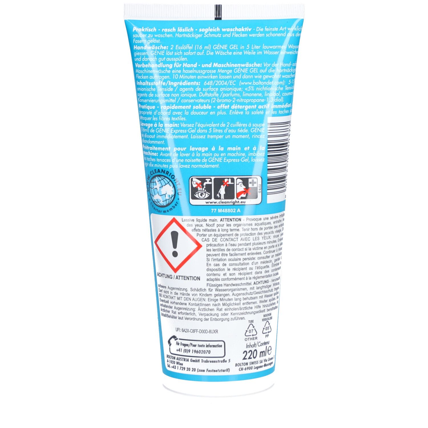 Dos du tube. Texte multilingue. Avertissement. Logo. Volume : 220 ml.