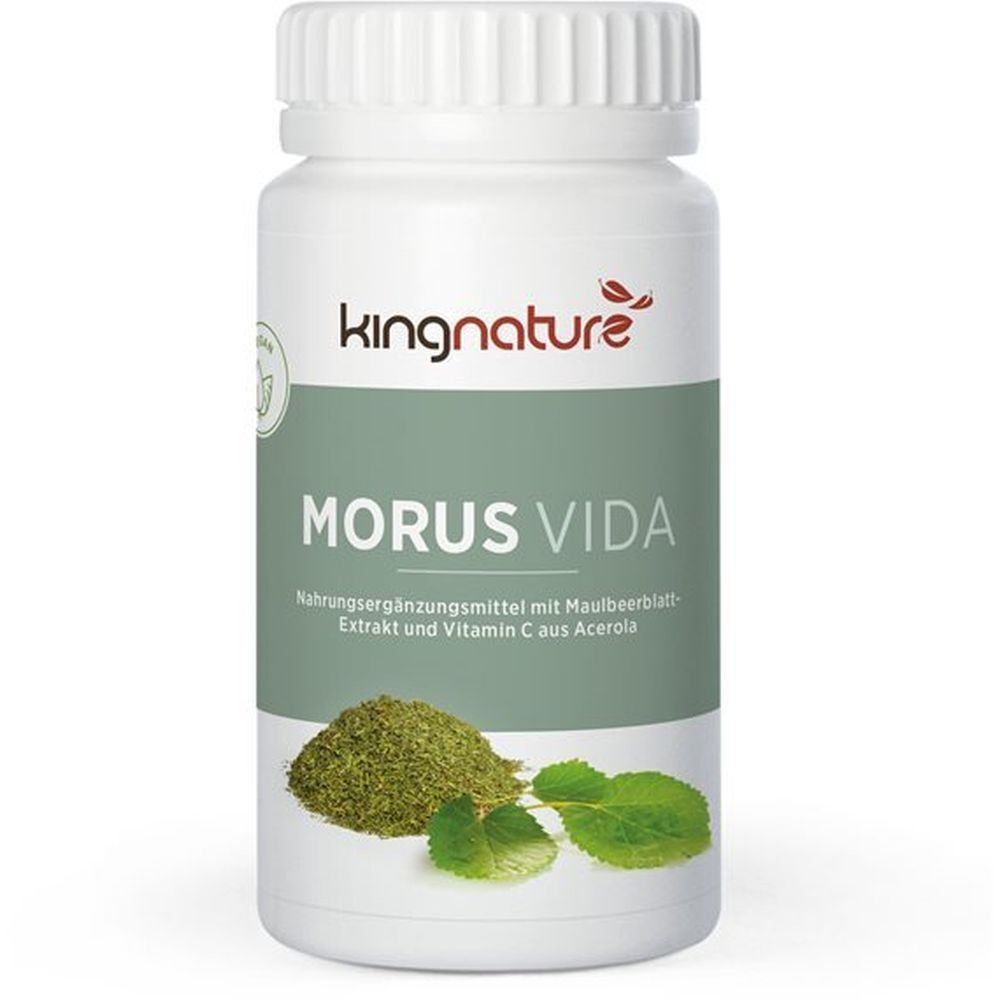 Flacon blanc avec "kingnature" et "MORUS VIDA". Herbes et feuilles verdâtres représentées.