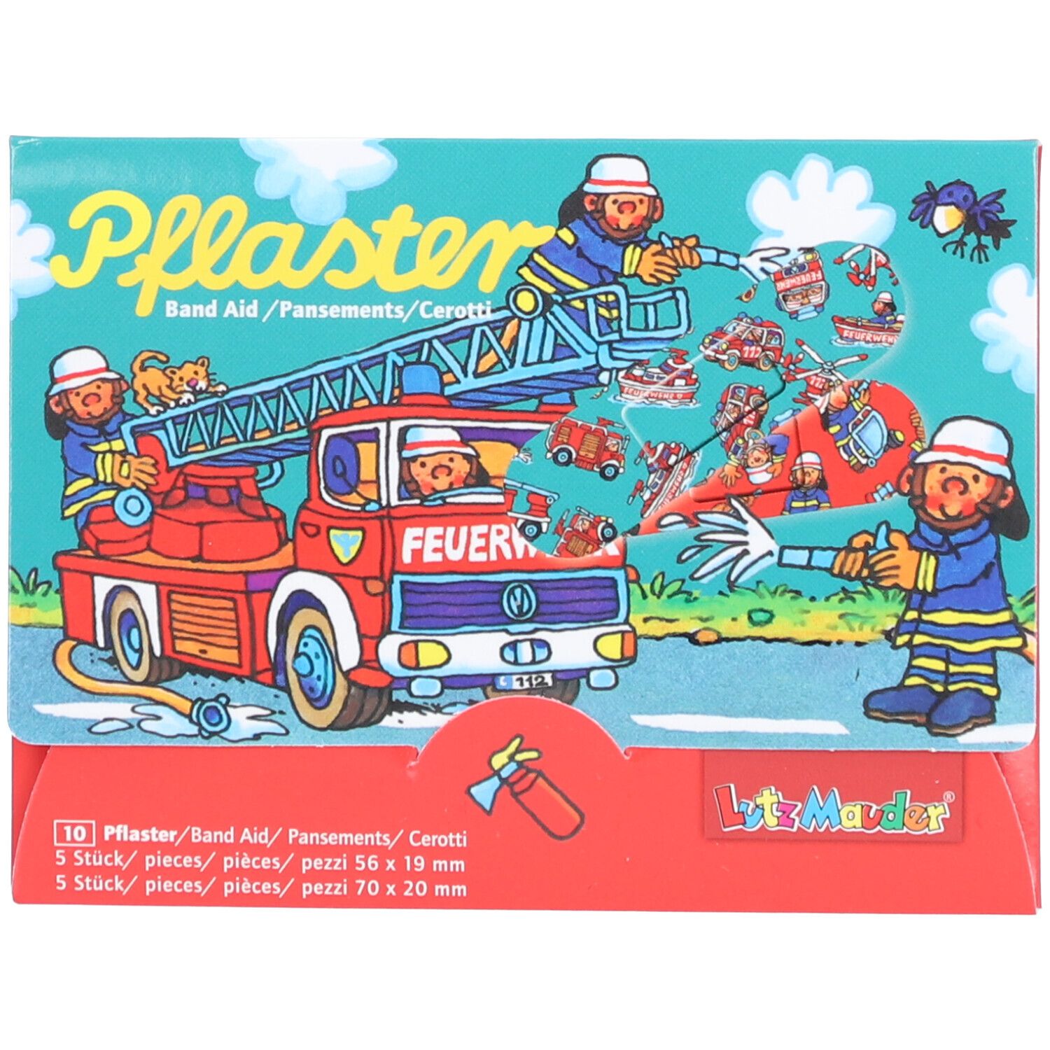 Verpackung mit Kinderpflastern. Roter Feuerwehrwagen und Figuren. Text: Pflaster, Band Aid, 10 Stück, 56x19mm und 70x20mm.
