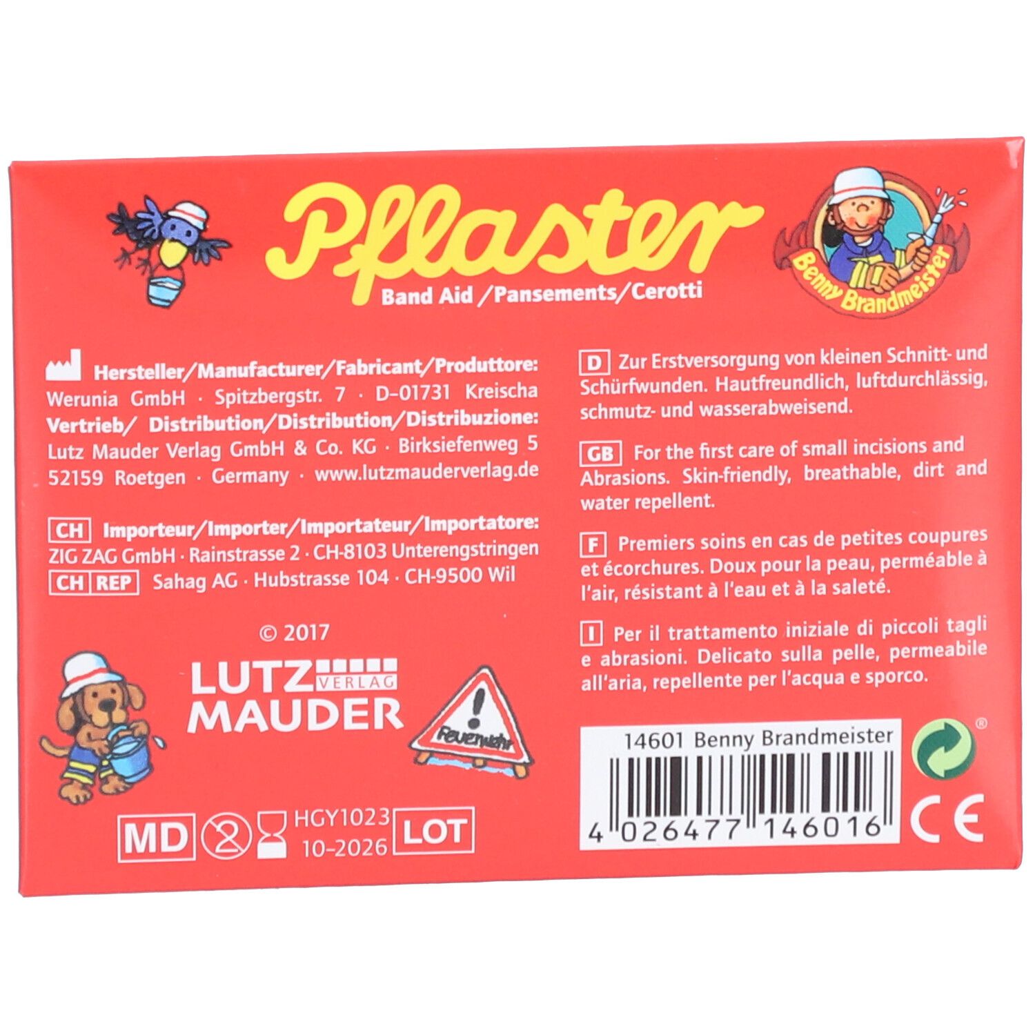 Rückseite der Pflasterverpackung. Text: Pflaster, Band Aid, Hersteller, Inhaltsangaben, Warnhinweis, Haltbarkeitsdatum, CE-Zeichen.