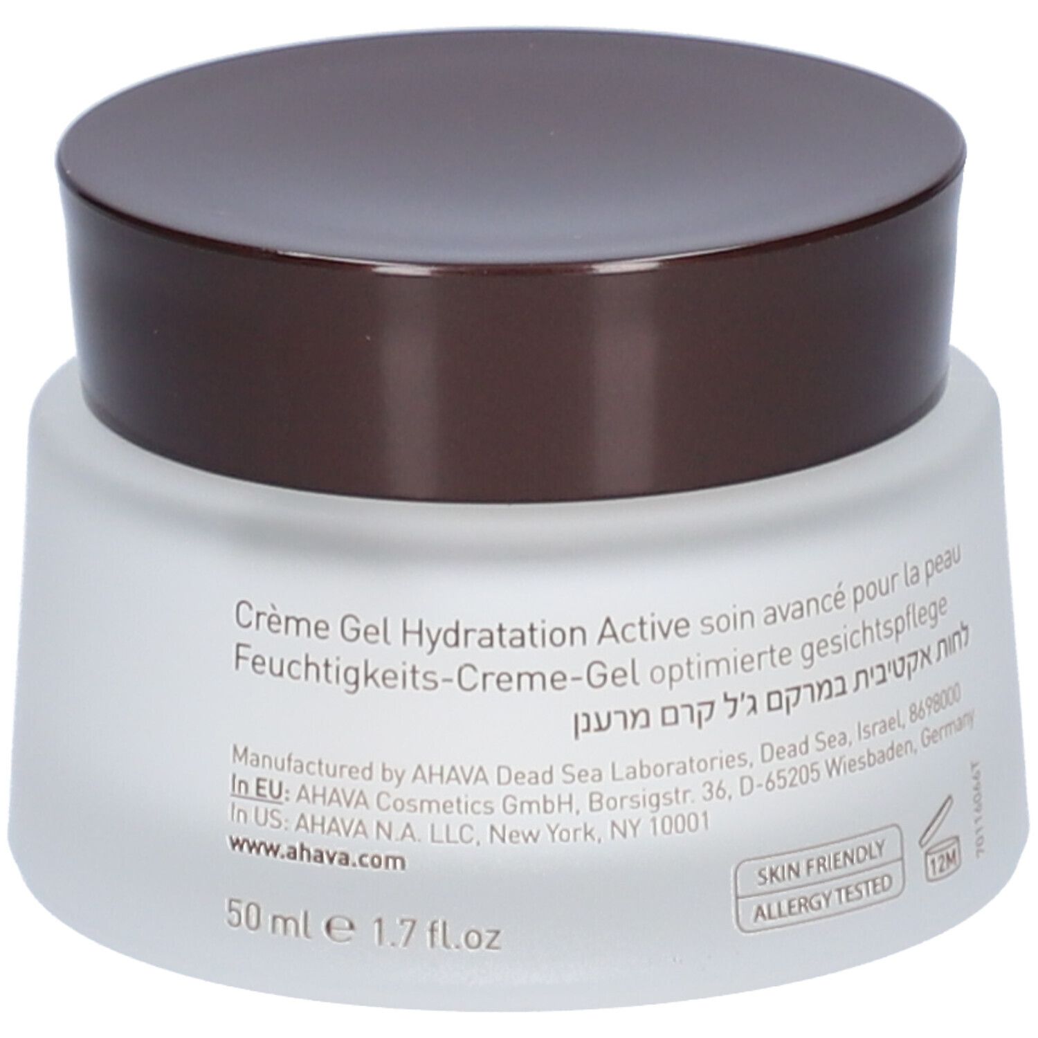AHAVA Active Moisture Gel Cream. Rückseite des Glases mit Text. 50 ml, 1.7 fl.oz. Skin Friendly, Allergy Tested. 12M Symbol.