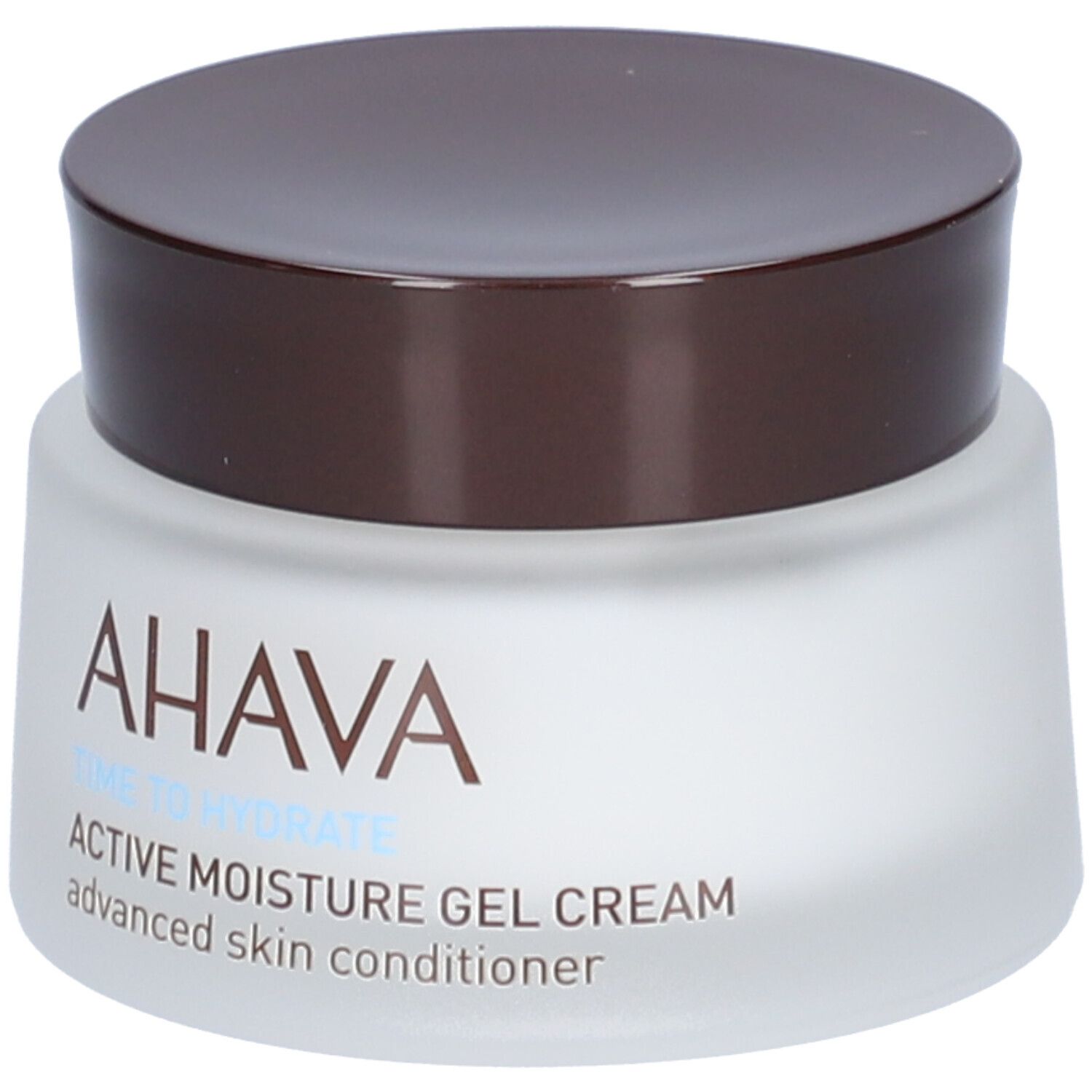 AHAVA Active Moisture Gel Cream. Weißes Glas mit braunem Deckel. Schriftzug AHAVA, Time to Hydrate, Active Moisture Gel Cream.
