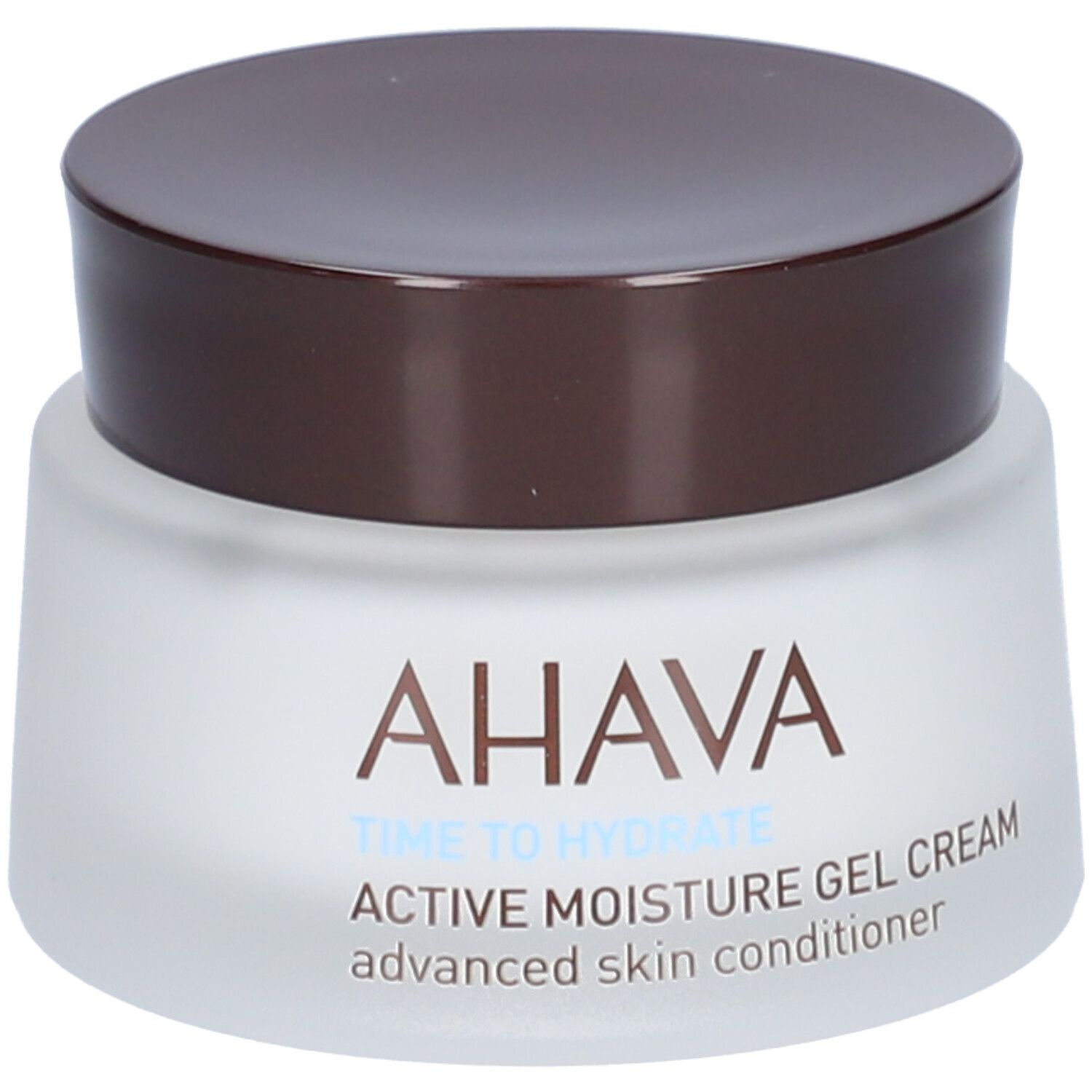 AHAVA Active Moisture Gel Cream. Weißes Glas mit braunem Deckel. Schriftzug AHAVA, Time to Hydrate, Active Moisture Gel Cream.