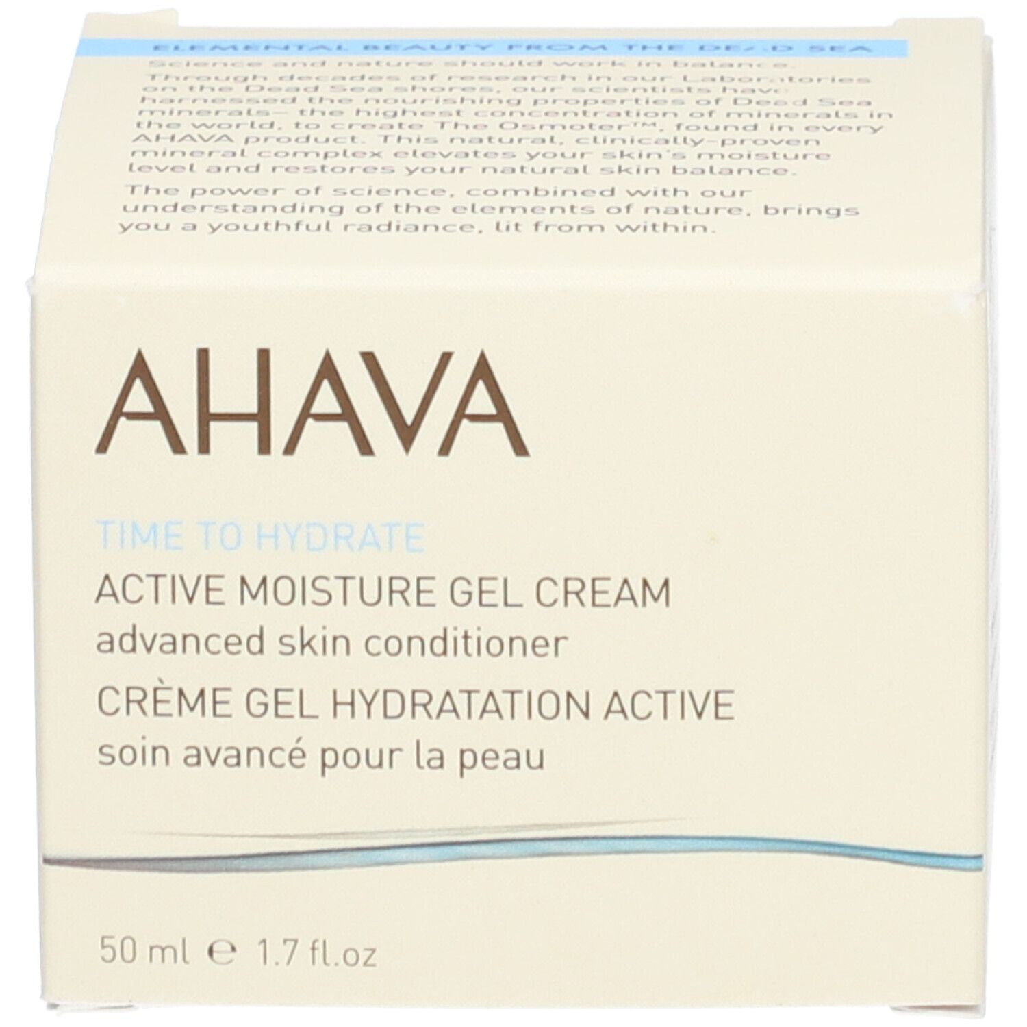 AHAVA Active Moisture Gel Cream. Produktverpackung. Aufschrift AHAVA, Active Moisture Gel Cream, 50 ml.