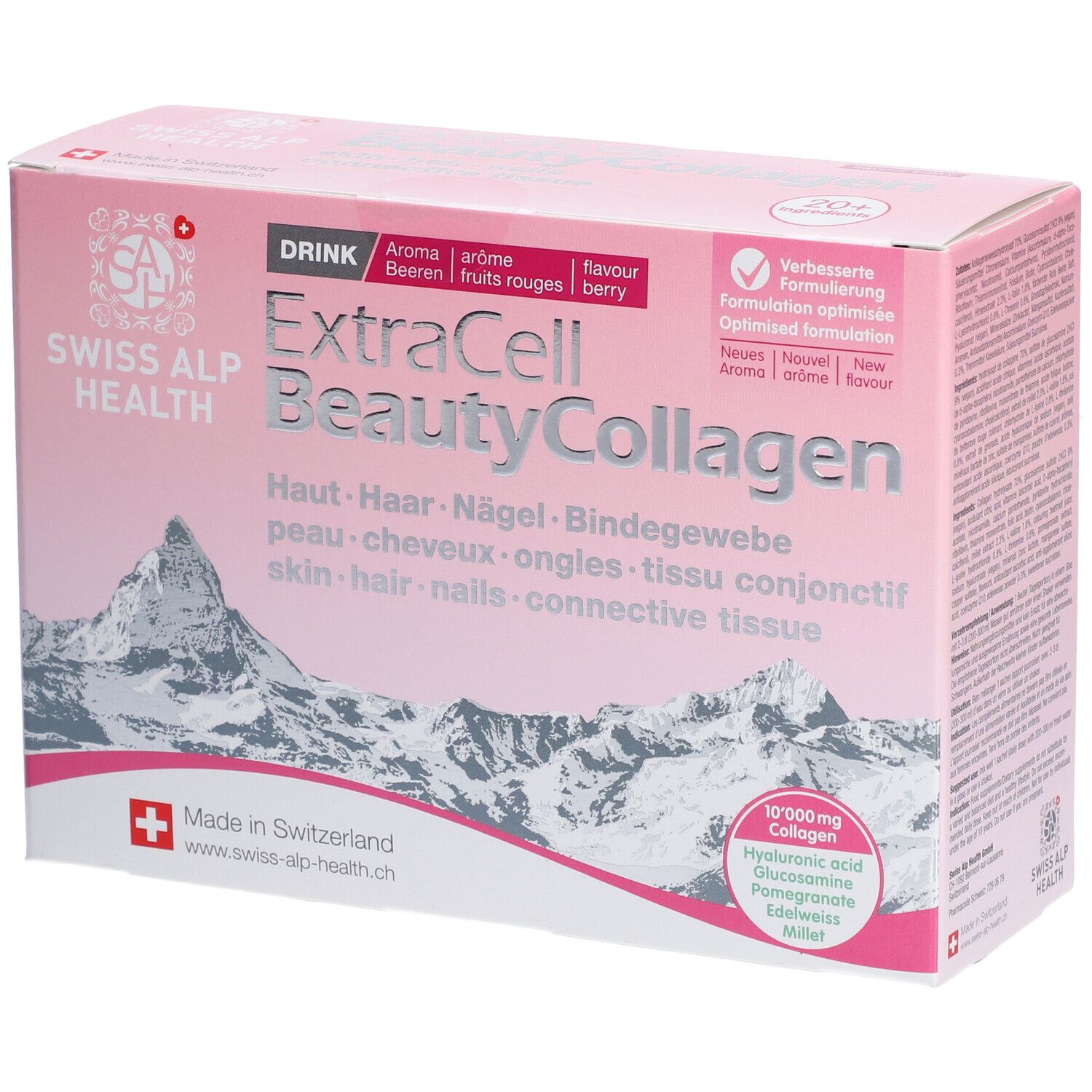 Rosa Schachtel mit "ExtraCell BeautyCollagen". Enthält 10.000 mg Collagen, Hyaluronsäure, Glucosamin, Granatapfel und Edelweiss.