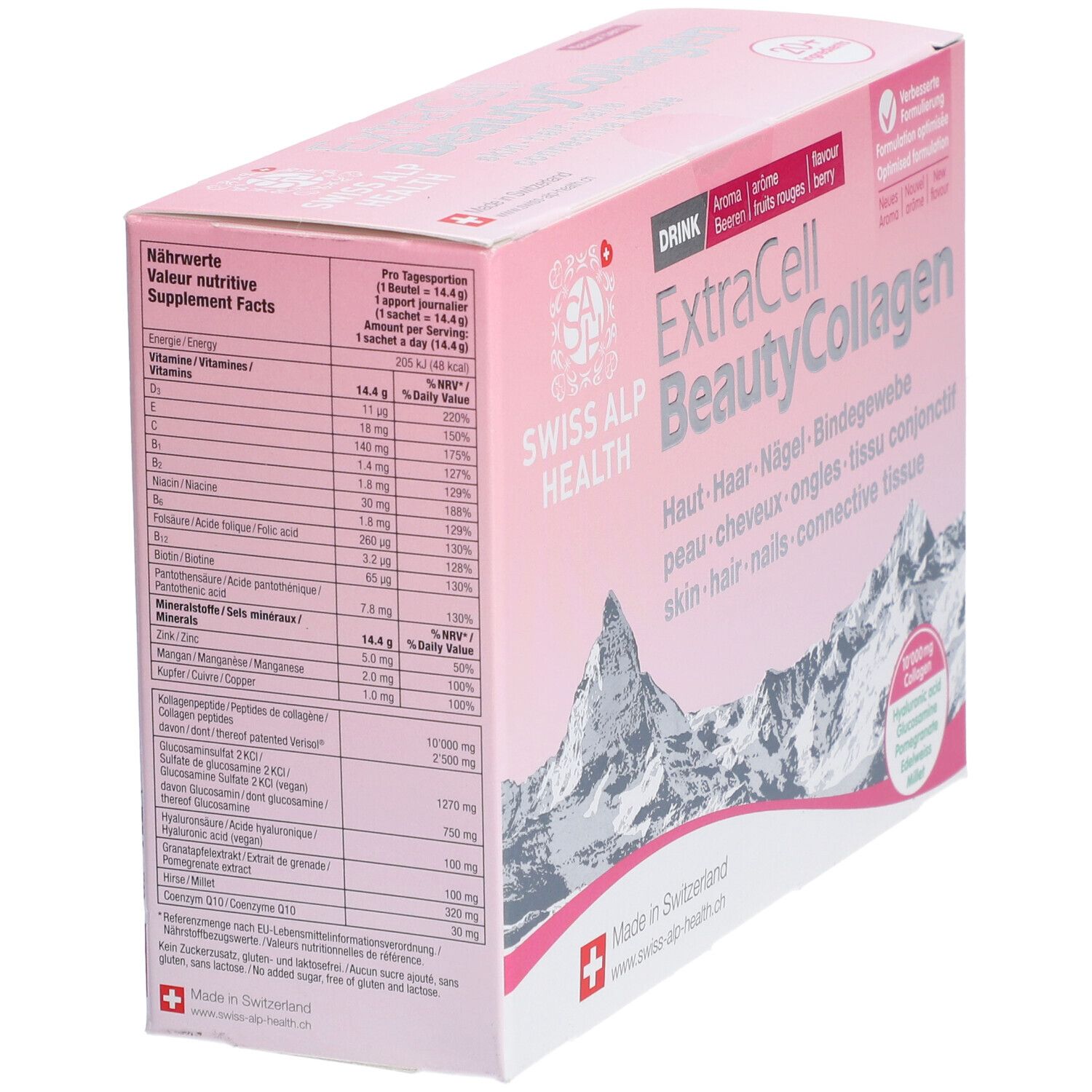 Schachtel mit Nährwertangaben und "ExtraCell BeautyCollagen". Enthält Collagen Peptide, Hyaluronsäure, Glucosamin, Mineralien.