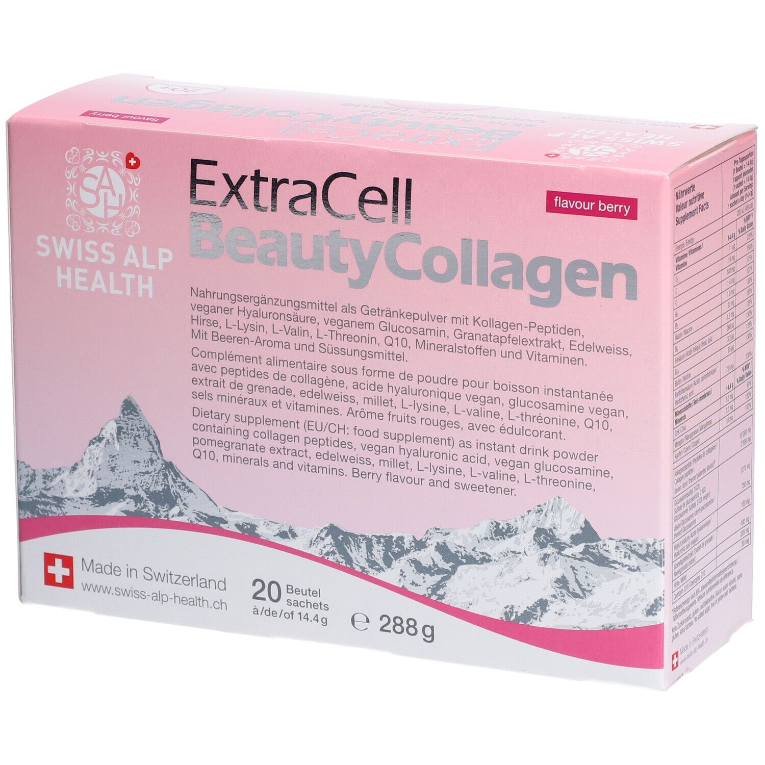 Rosa Schachtel mit "ExtraCell BeautyCollagen" und 20 Beuteln. Enthält Kollagen-Peptide, Hyaluronsäure, Mineralien und Vitamine.