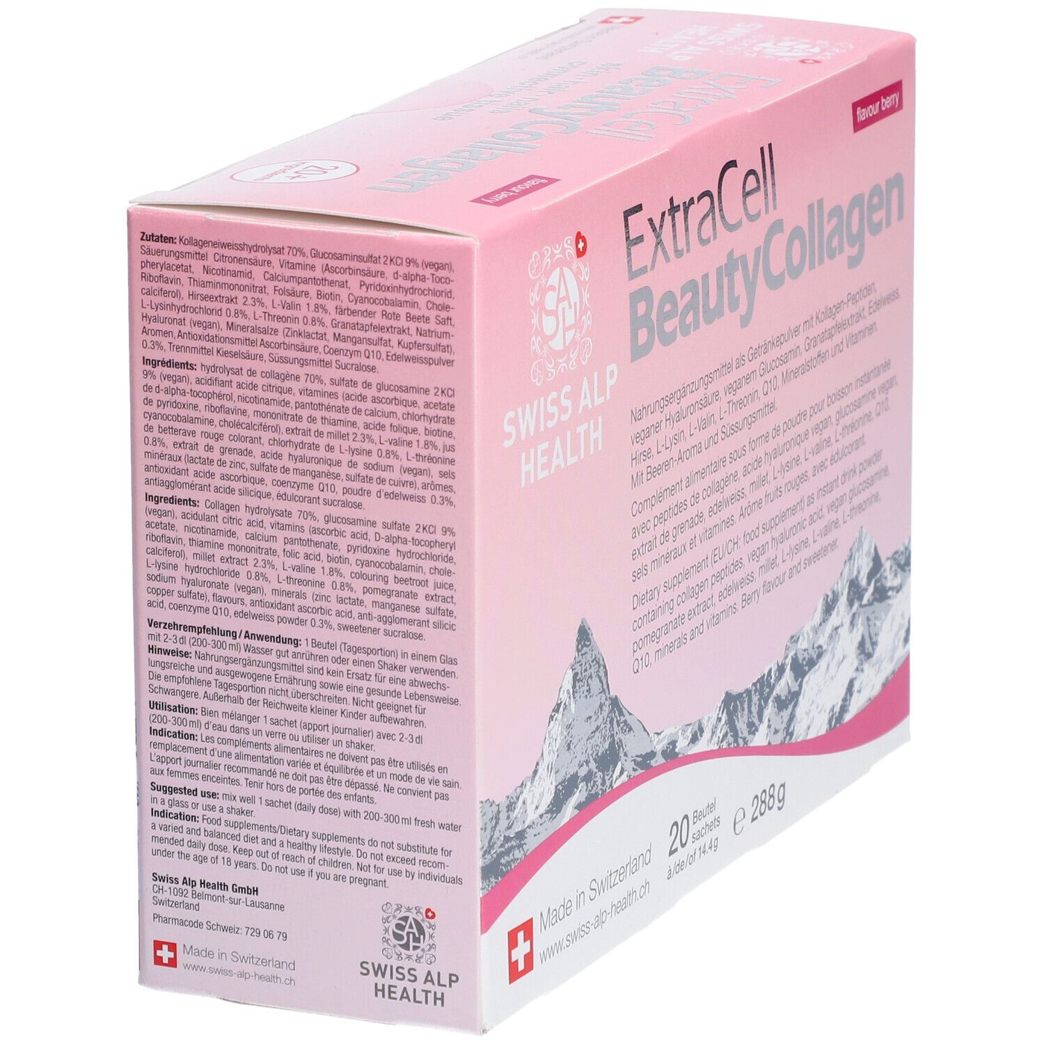 Rosa Schachtel mit Inhaltsstoffen und "ExtraCell BeautyCollagen". Enthält Kollagen, Hyaluronsäure, Mineralien, Vitamine und weitere Inhaltsstoffe.
