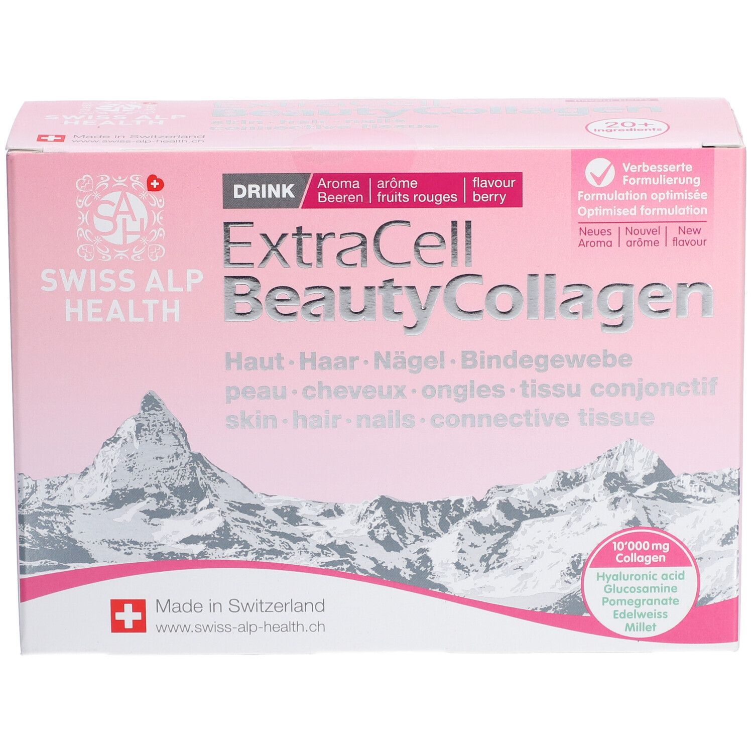 Rosa Schachtel mit "ExtraCell BeautyCollagen". Enthält 10.000 mg Collagen, Hyaluronsäure, Glucosamin, Granatapfel und Edelweiss.