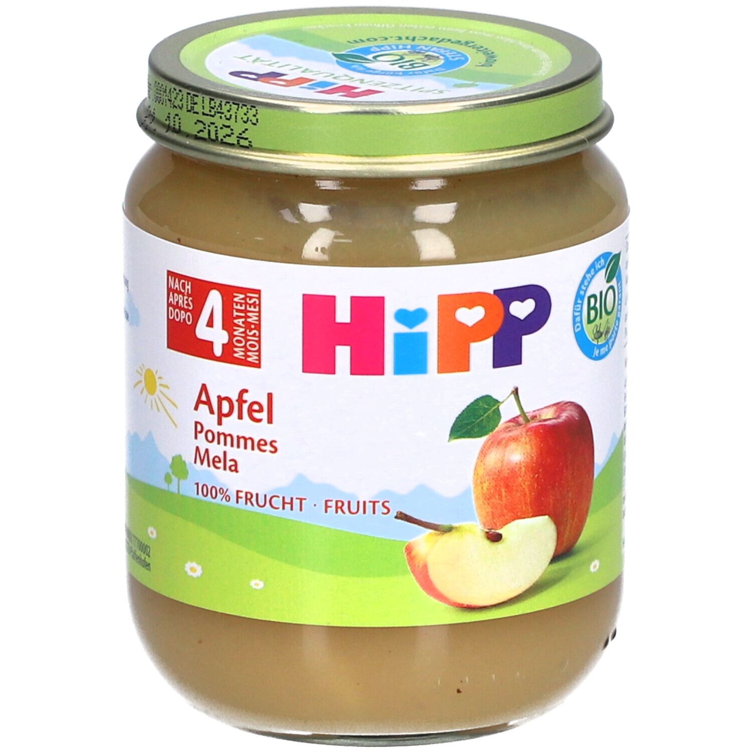 Glas mit Apfelpüree. Etikett mit "HiPP" Logo, Apfel-Illustration und "4 Monate" Angabe. Bio-Siegel.