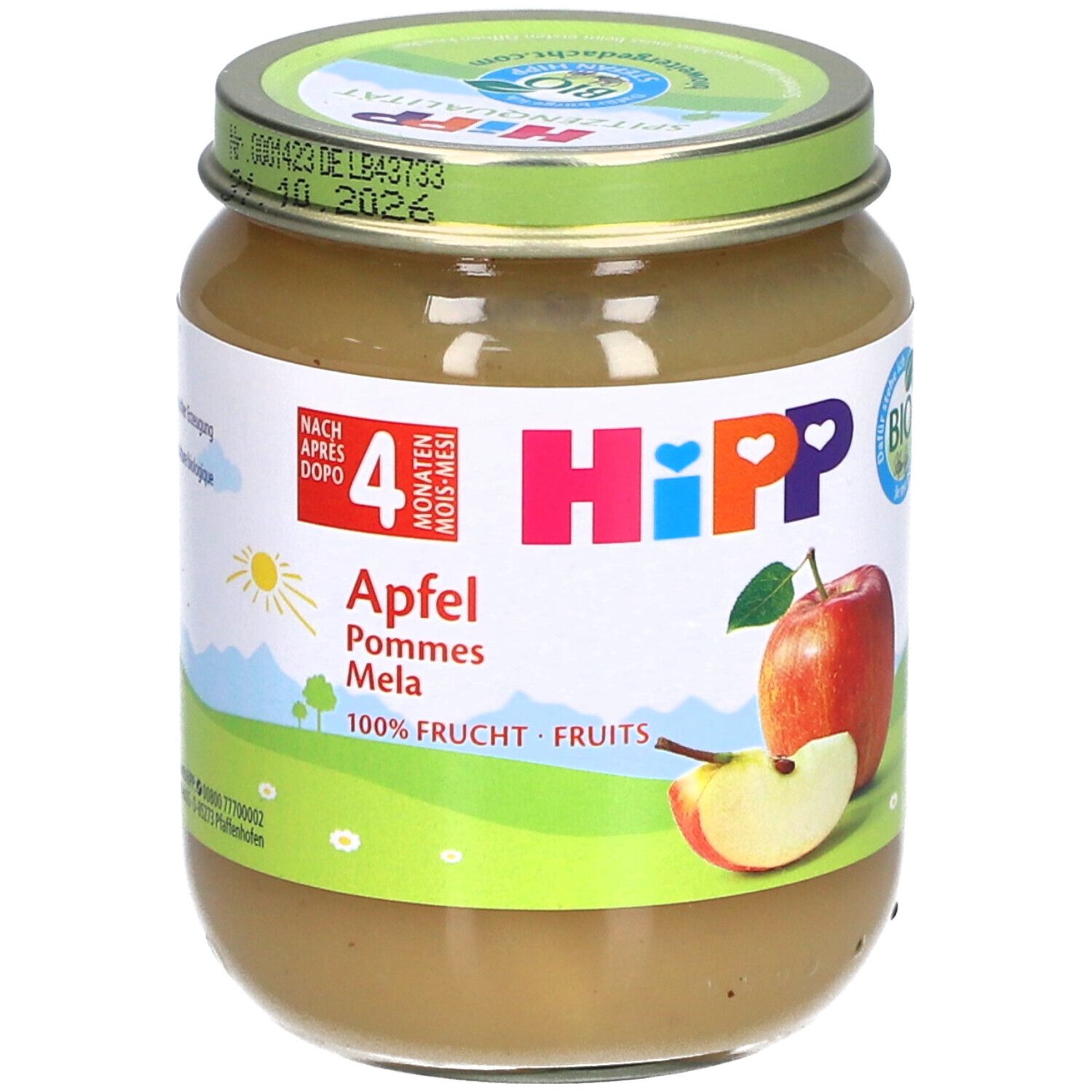 Glas mit Apfelpüree. Etikett mit "HiPP" Logo, Apfel-Illustration und "4 Monate" Angabe. Bio-Siegel.