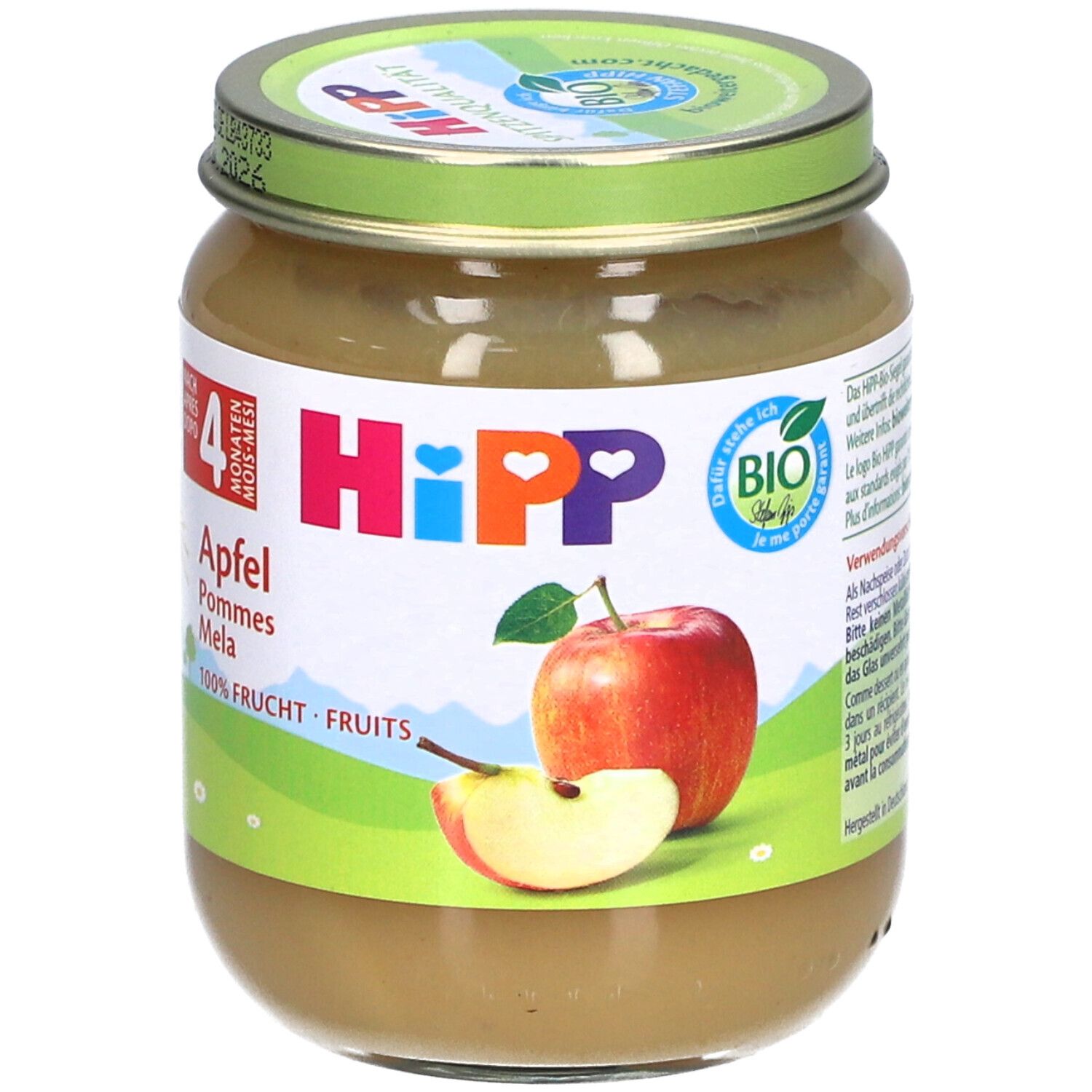 Glas mit Apfelpüree. Etikett mit "HiPP" Logo, Apfel-Illustration und "4 Monate" Angabe. Bio-Siegel.