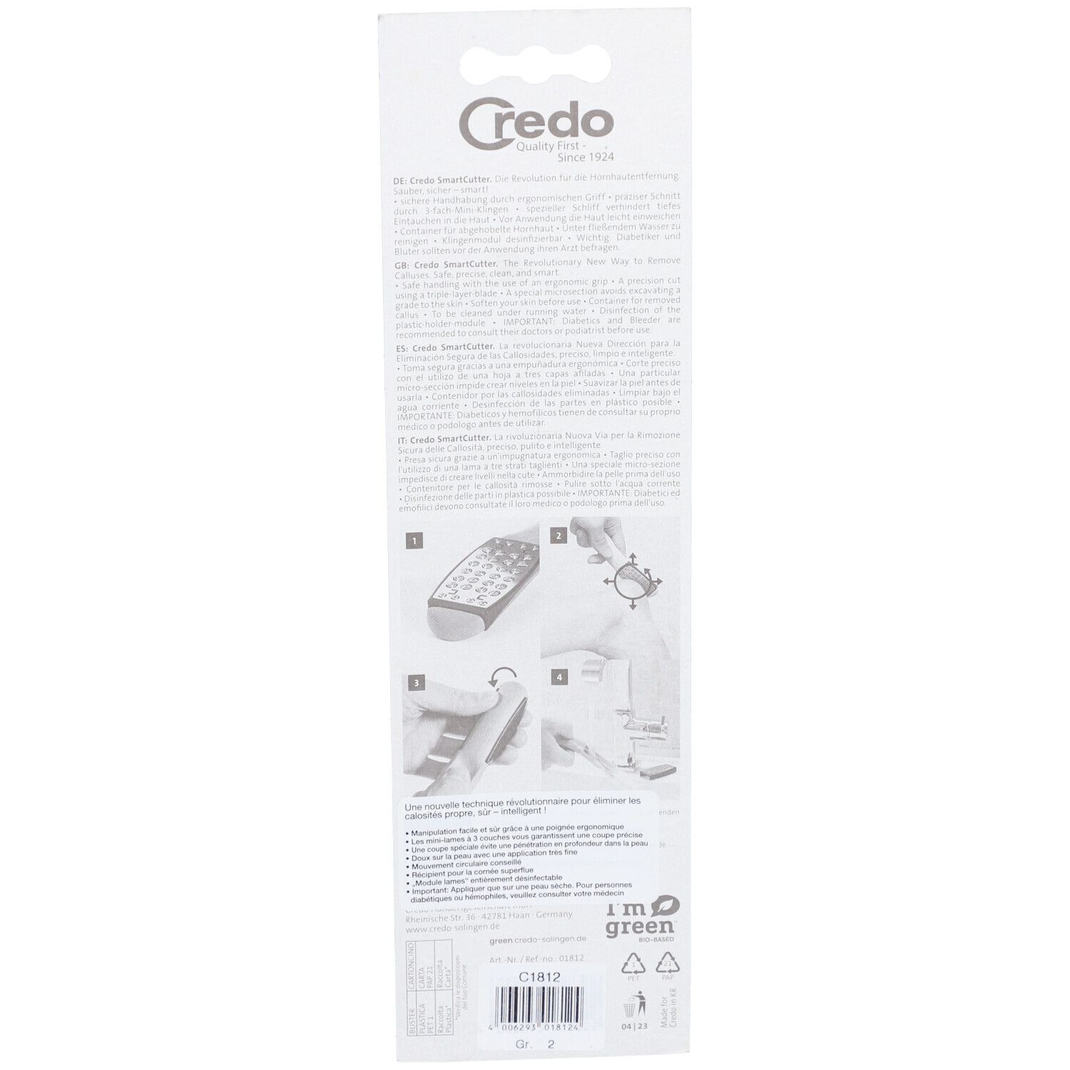 Rückseite der Verpackung mit Produktinformationen und Illustrationen. Marke Credo, grünes Logo.