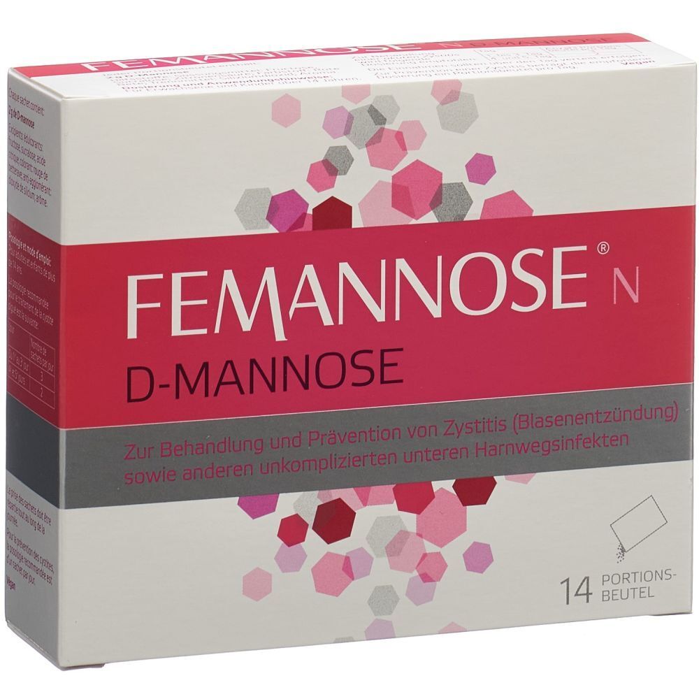 FEMMANOSE® N D-Mannose. Karton mit 14 Beuteln. Rosa und weiße Verpackung mit Produktinformationen.