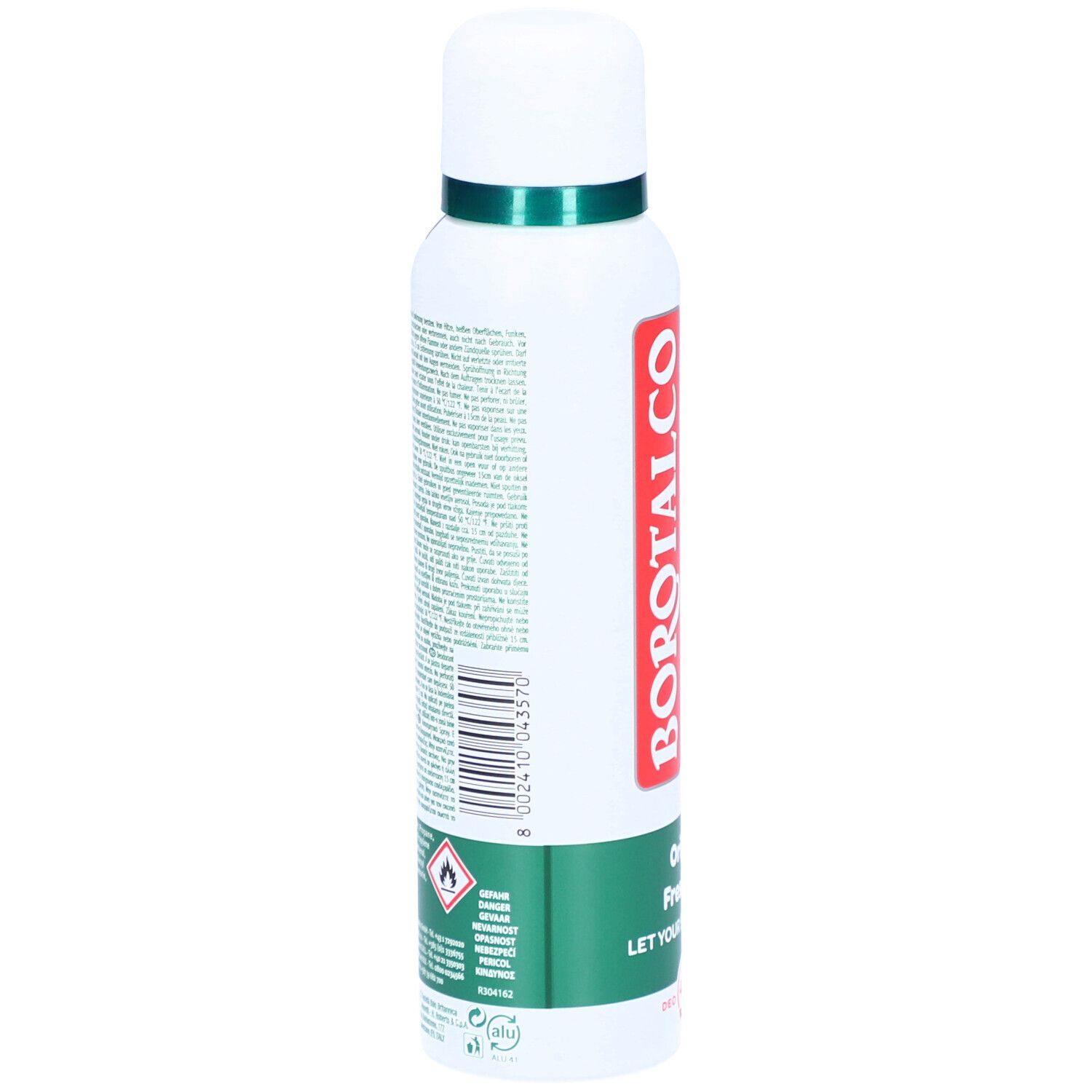 Rückseite des Deodorant-Sprays. Text und Barcode auf weißem Hintergrund. Grün-rotes Design am unteren Rand. Warnsymbole.
