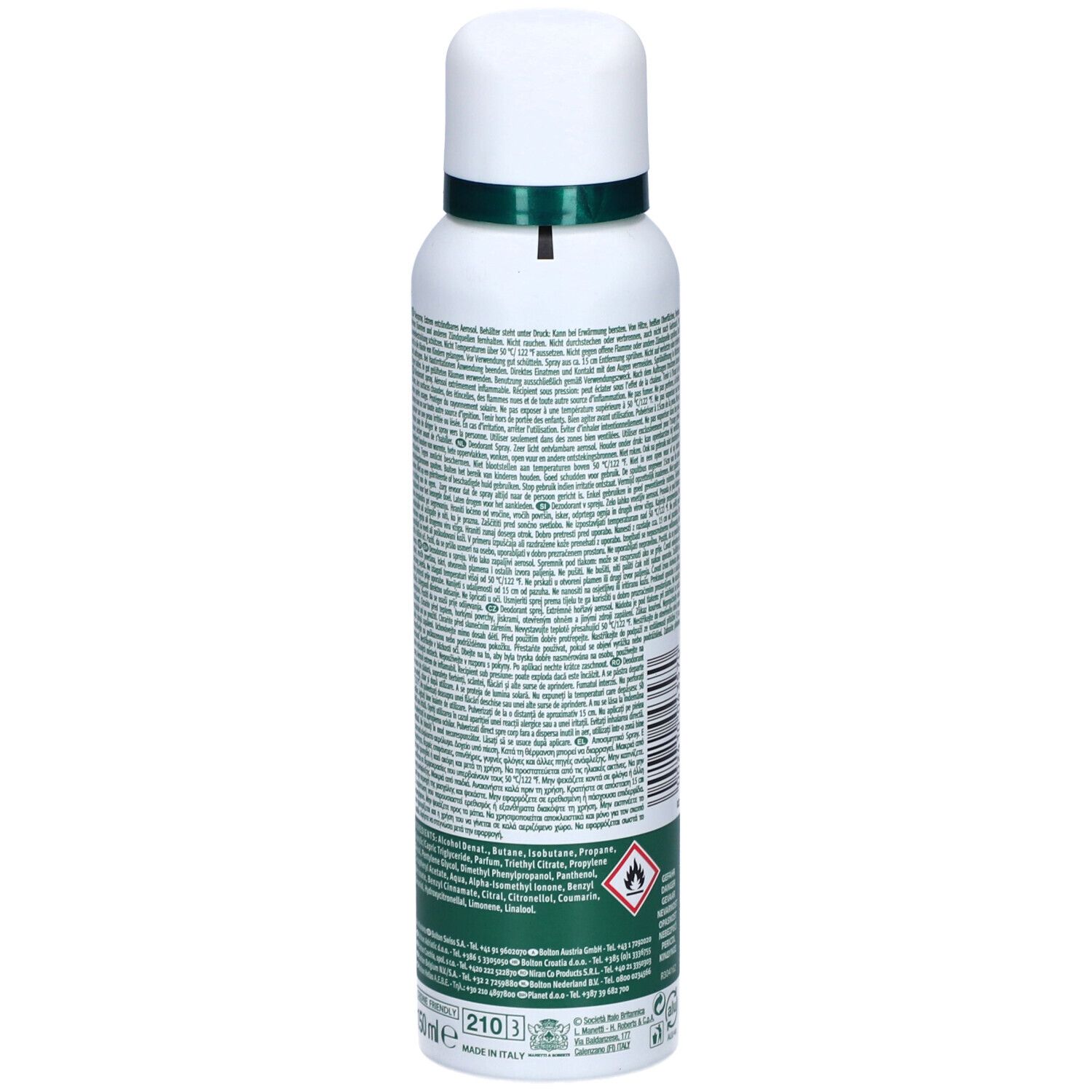 Rückseite des Deodorant-Sprays. Text auf weißem Hintergrund. Grün-rotes Design am unteren Rand. Warnsymbole und Inhaltsstoffe.
