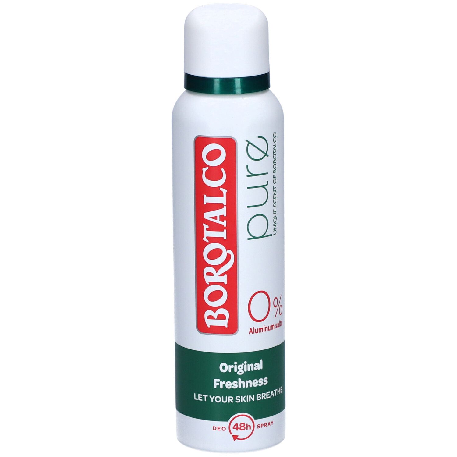 Deodorant-Spray, weiß mit grün-rotem Design. Aufschrift: BOROTALCO, pure, 0% Aluminiumsalze, Original Freshness. DEO (48h) Spray.