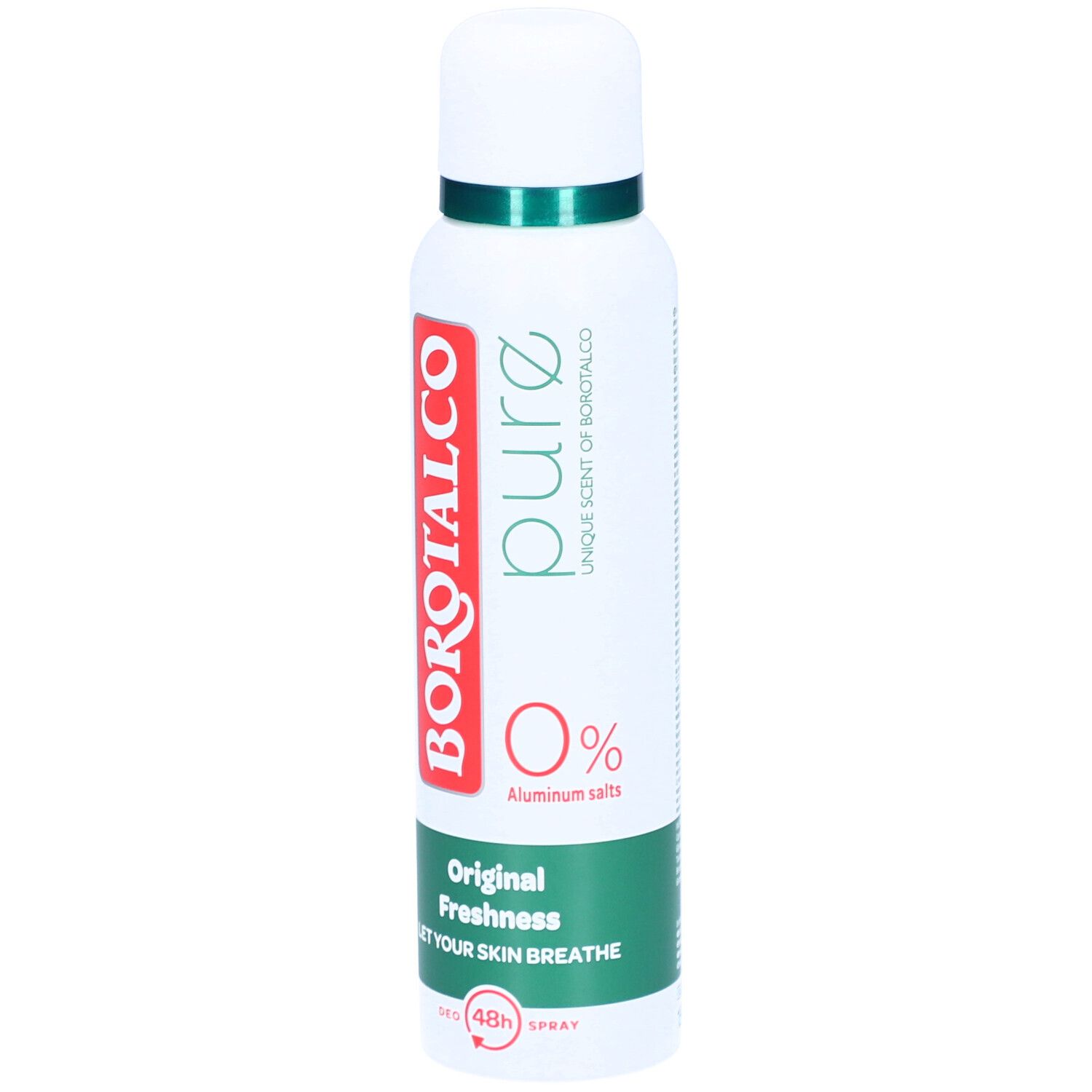 Deodorant-Spray, weiß mit grün-rotem Design. Aufschrift: BOROTALCO, pure, 0% Aluminiumsalze, Original Freshness. DEO (48h) Spray.