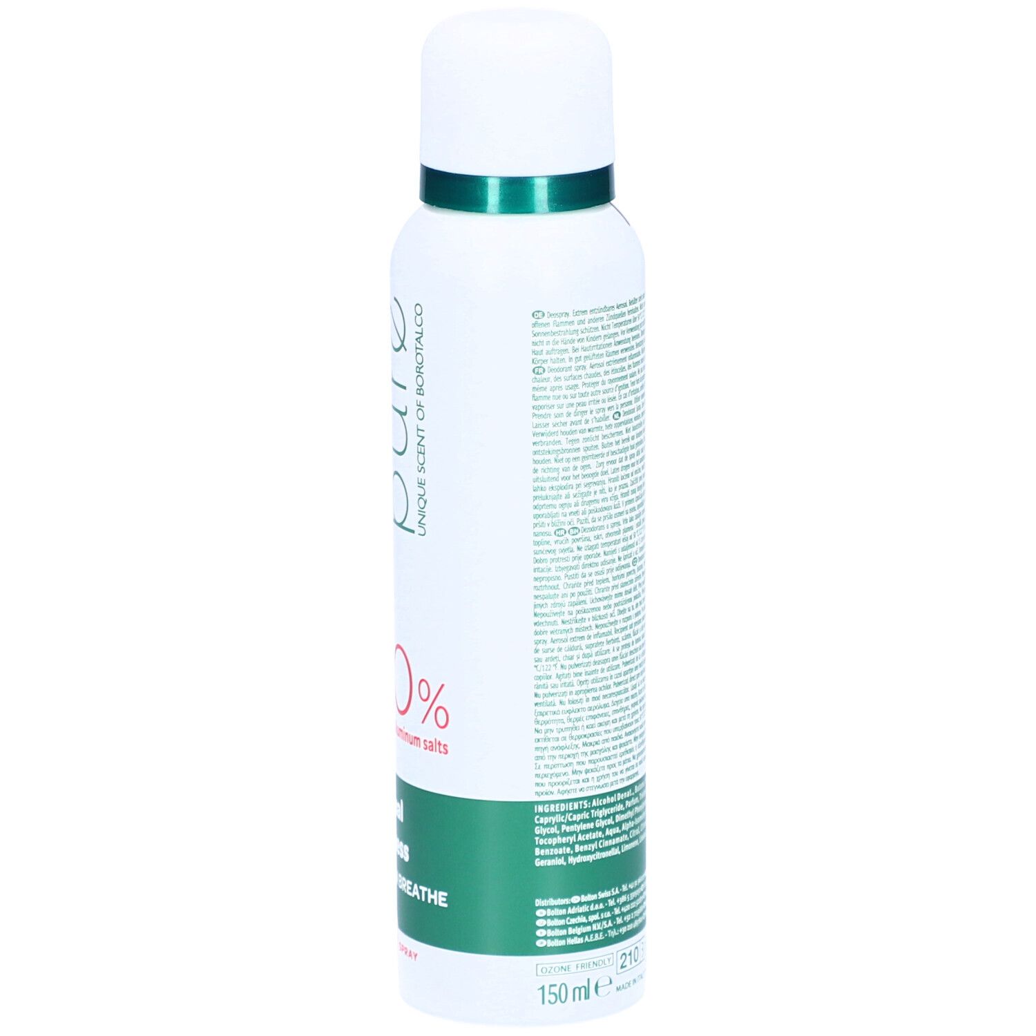 Rückseite des Deodorant-Sprays. Text auf weißem Hintergrund. Grün-rotes Design am unteren Rand. Inhaltsstoffe und Volumen: 150 ml.