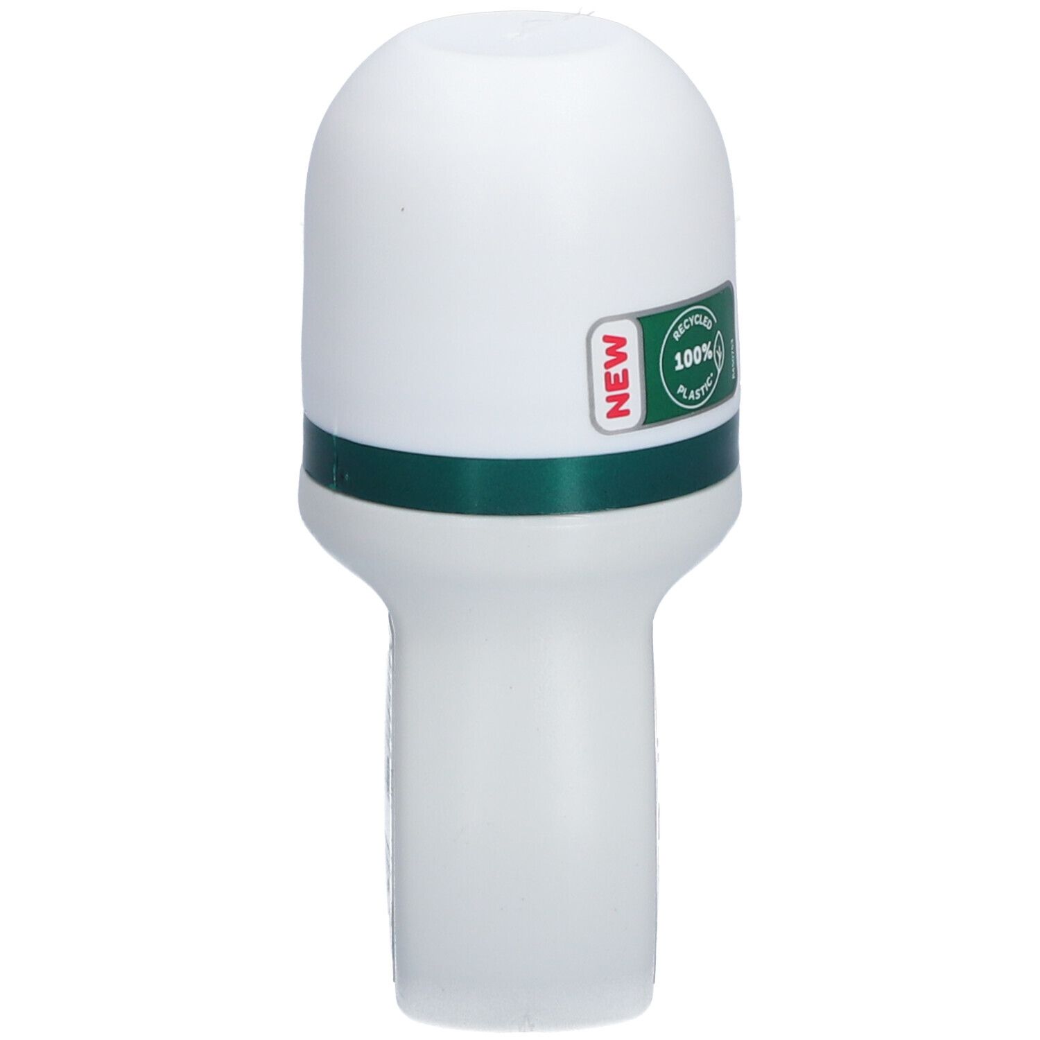 Déodorant roll-on blanc avec bande verte. Bouchon blanc. Plastique 100% recyclé. Étiquette : NOUVEAU.