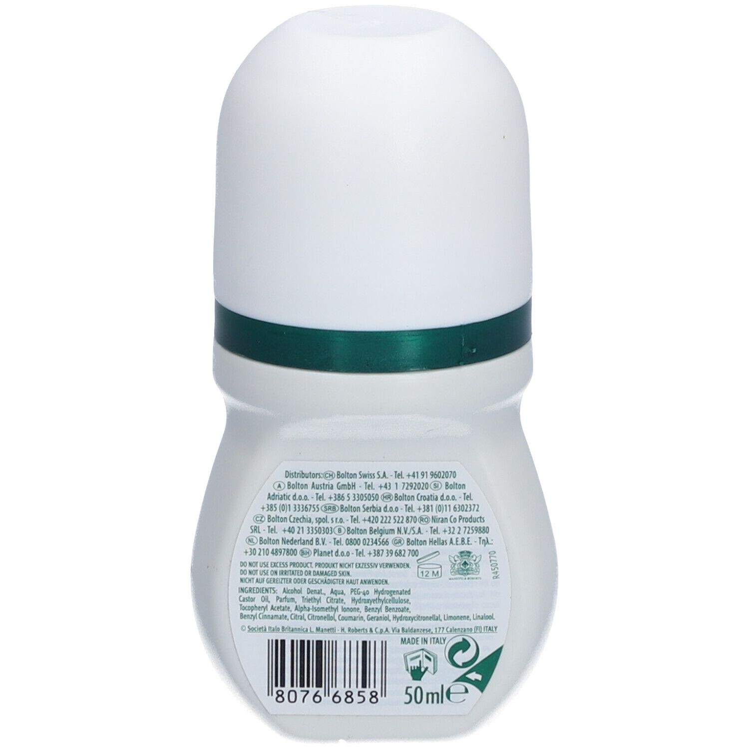Dos du déodorant roll-on blanc. Informations textuelles : ingrédients, adresse du fabricant, 50 ml, symbole de recyclage.