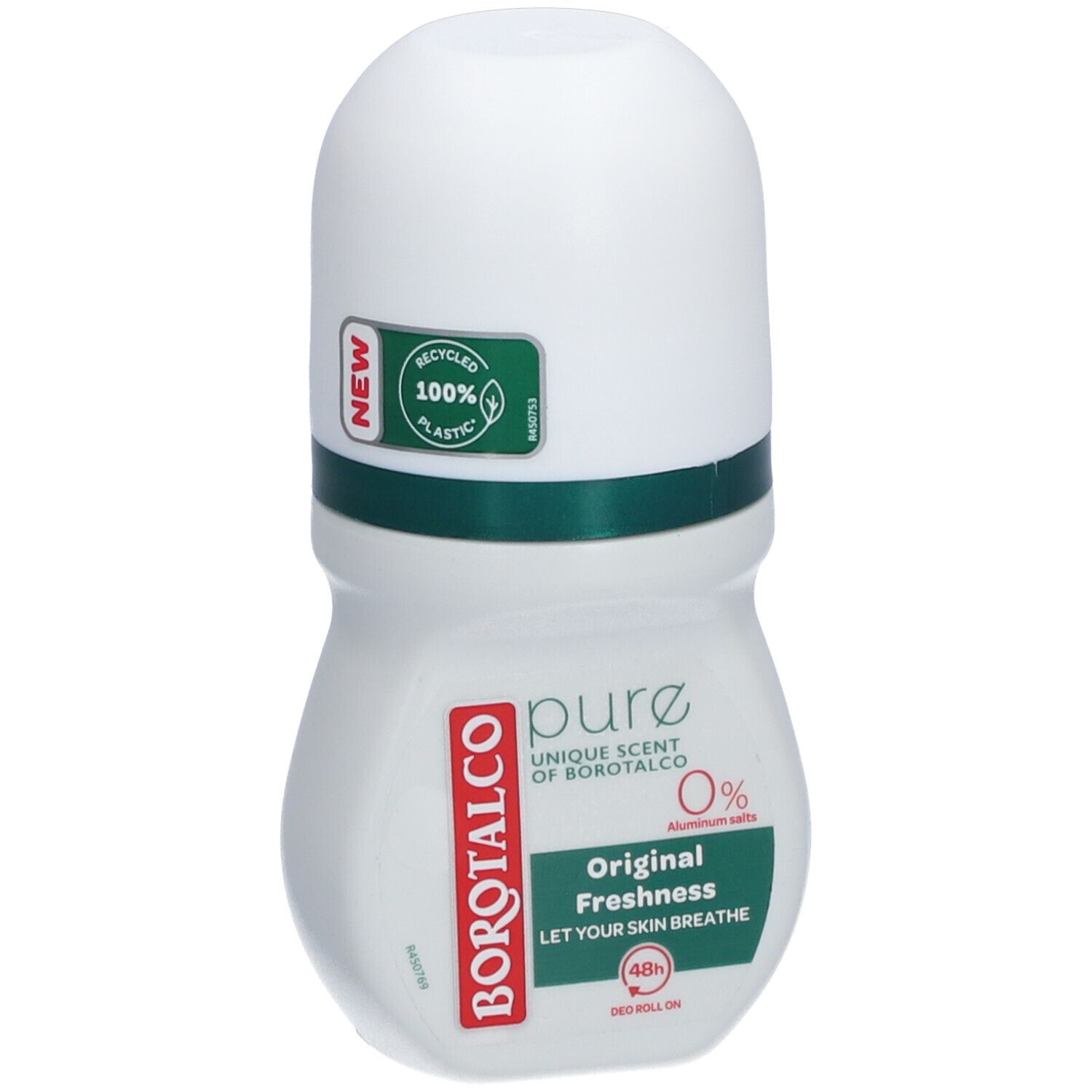 Déodorant roll-on blanc et vert. BOROTALCO, Pure, Original Freshness. 0% sels d'aluminium. Plastique 100% recyclé.