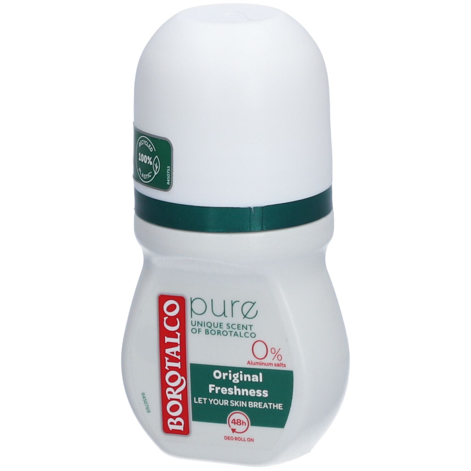 Déodorant roll-on blanc et vert. BOROTALCO, Pure, Original Freshness. 0% sels d'aluminium. Plastique 100% recyclé.