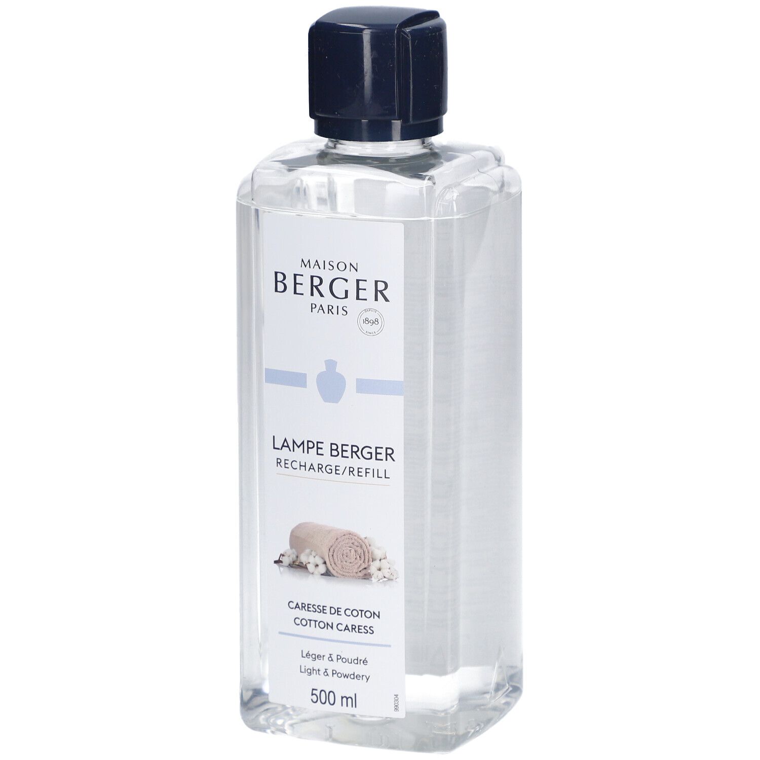 Klarflüssige Nachfüllung für Lampe Berger. Aufschrift: Caresse de Coton, 500 ml. Mit blauem Deckel und weißem Etikett.