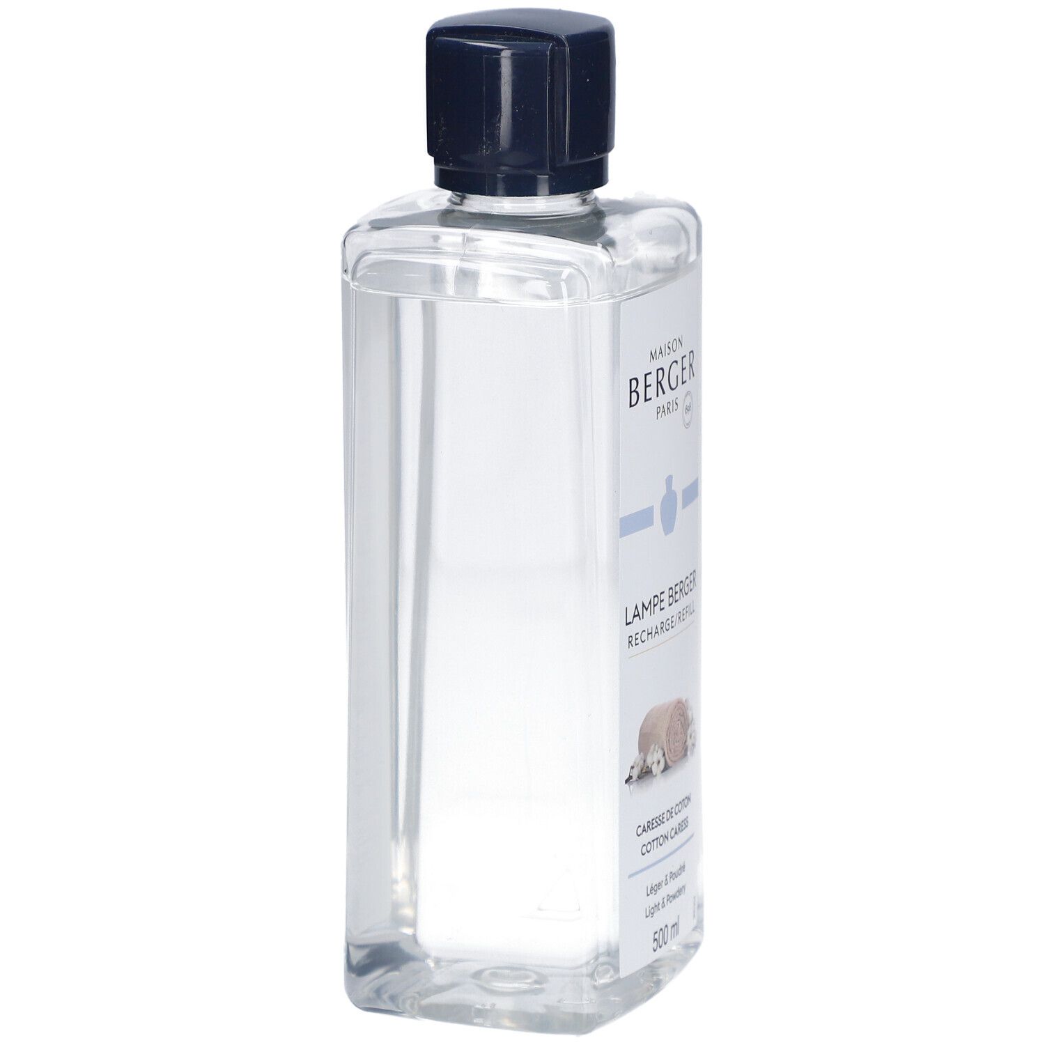 Lampe Berger Nachfüllung Caresse de Coton. Transparente Flasche mit blauem Deckel. Weißes Etikett mit Produktnamen und Logo.