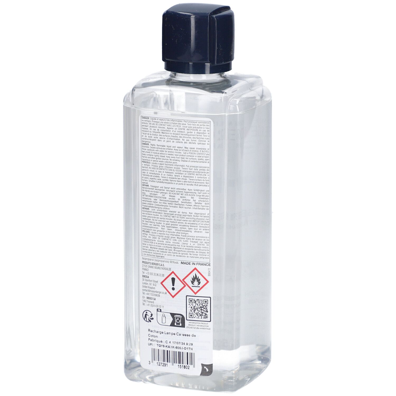 Rückseite der Lampe Berger Nachfüllung. Transparente Flasche mit Text und Warnhinweisen. Enthält Gefahrensymbole und QR-Code.