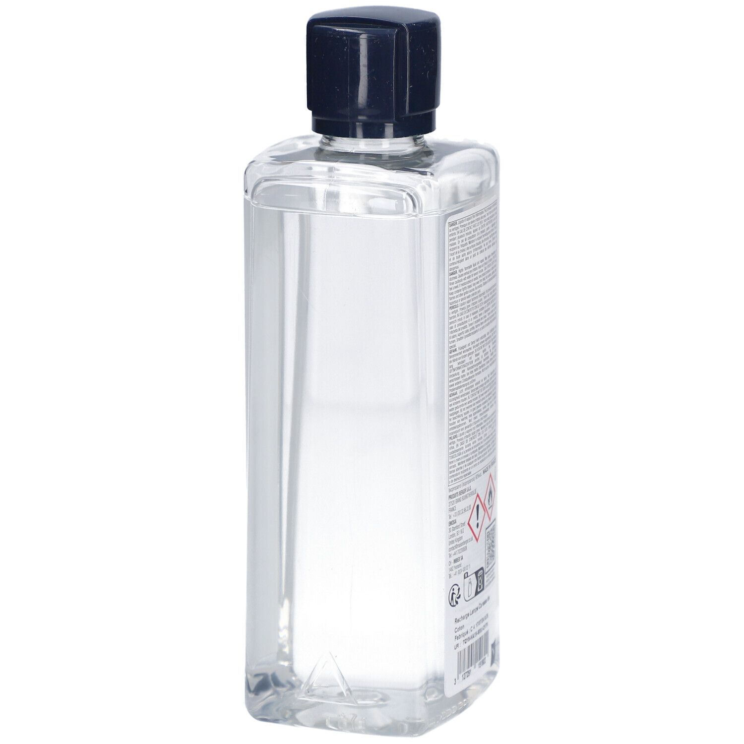 Rückseite der Lampe Berger Nachfüllung. Transparente Flasche mit Text und Warnhinweisen. Enthält Gefahrensymbole und QR-Code.